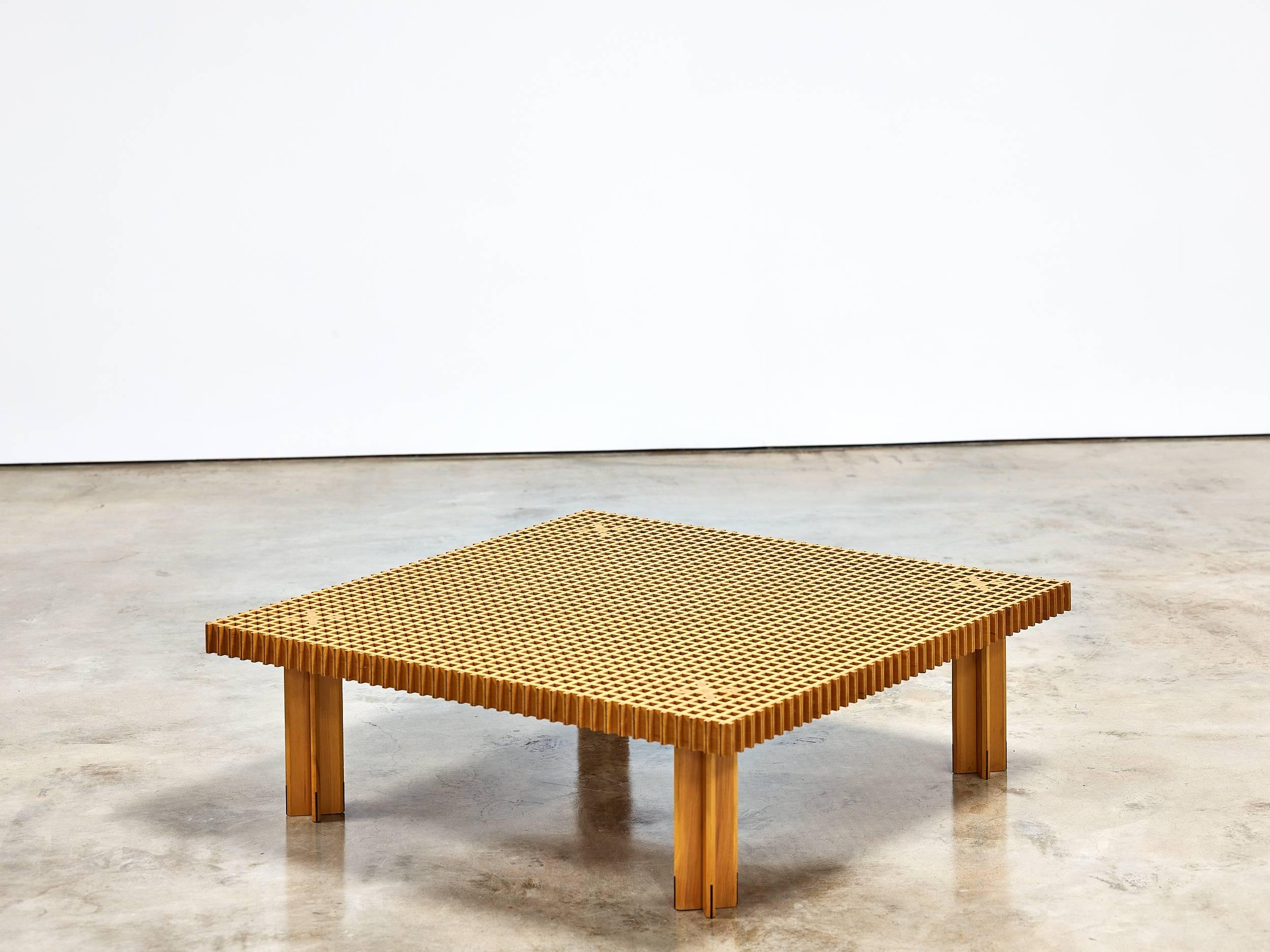 Kyoto coffee table.

Ghianda, distributed by Knoll.

Signed with maker's stamp,
Italy, 1974.

Beech, ebony.
Measures: 44.25 W x 44.25 D x 14 H inches.
