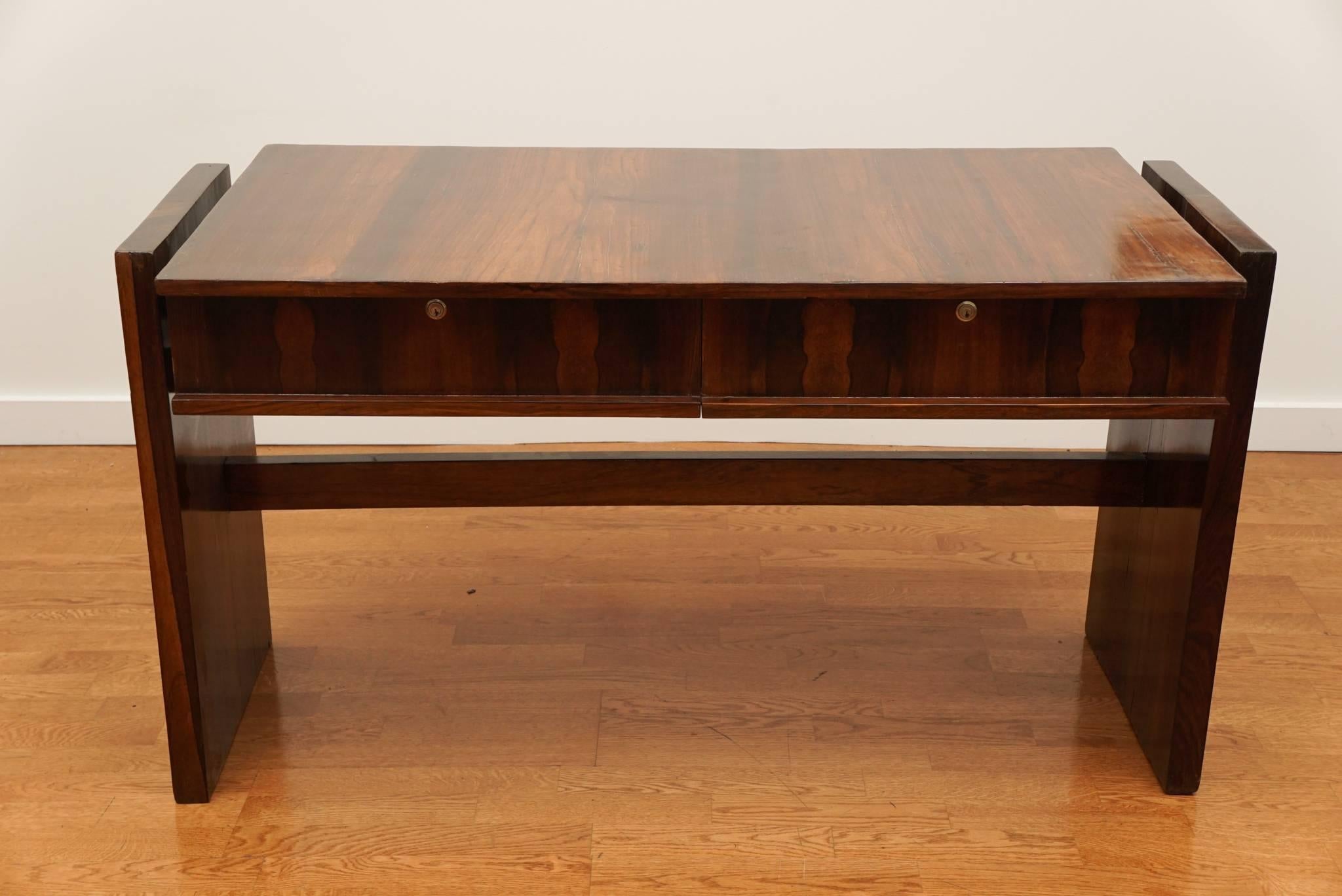 Handsome Mid-Century Brazilian rosewood desk with two drawers brass escutcheons and original brass keys!