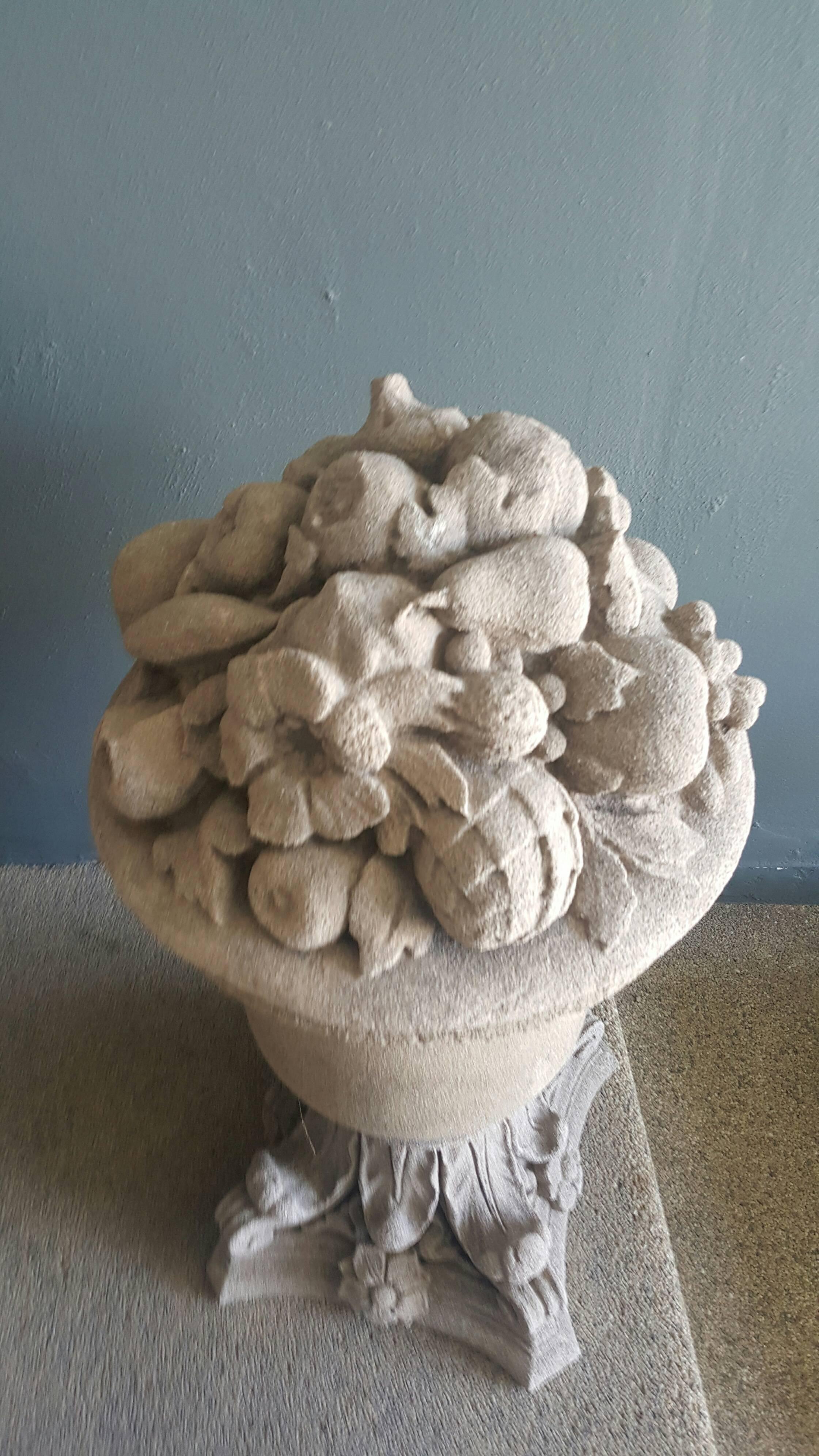 Pair of 18th Century French Cast Stone Fruit and Flower Urns In Good Condition For Sale In Dallas, TX