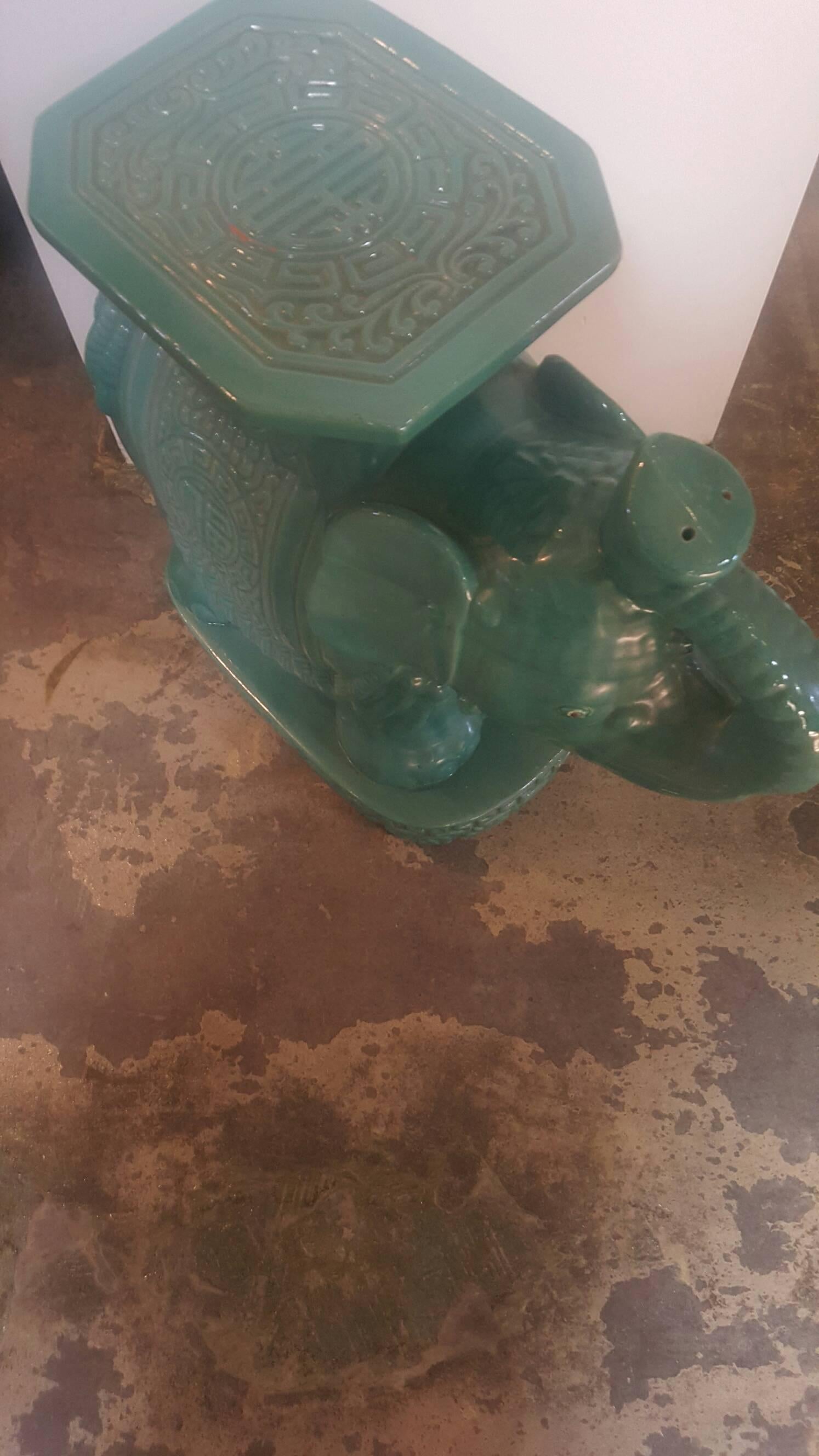 1940s Chinese ceramic elephant garden stool in jade green. Beautiful detailing.