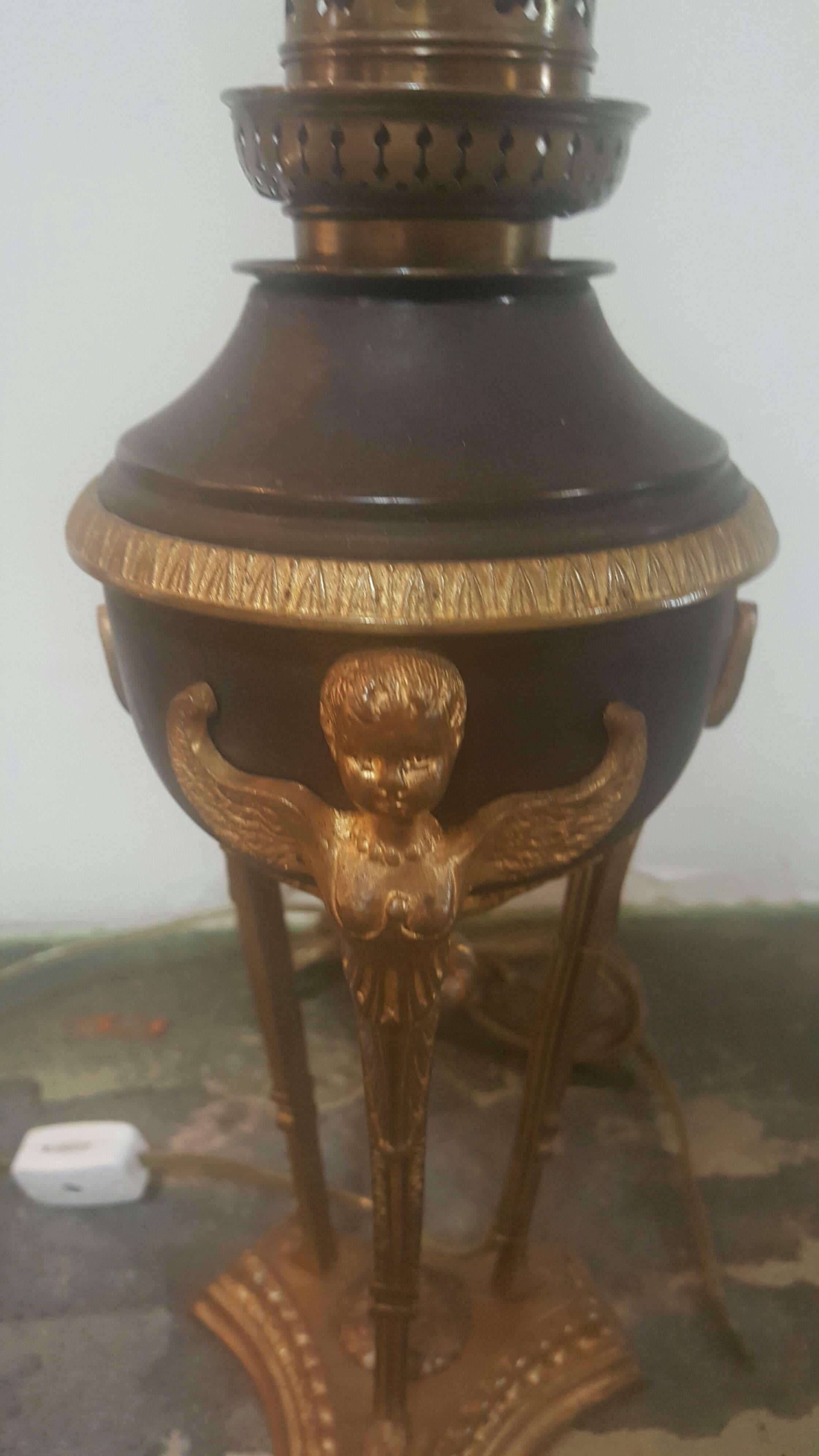 19th Century French Empire Lamp, Doré Bronze with Cherub Detail In Fair Condition For Sale In Dallas, TX
