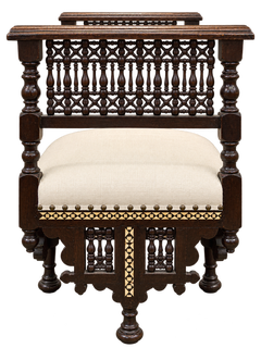 Banco sirio de madera maciza tallada con incrustaciones de hueso, de finales del siglo XIX y principios del XX