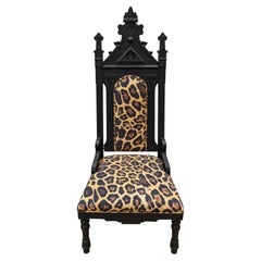 19th-Century Gothic Revival Carved Ebonized Wood Armchair with Leopard Upholster