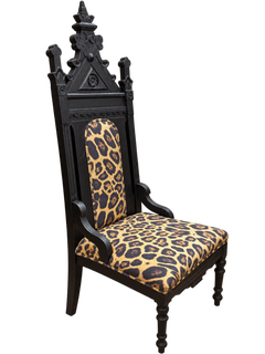 19th-Century Gothic Revival Carved Ebonized Wood Armchair with Leopard Upholster
