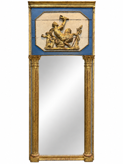 Specchio da parete trumeau francese del XVIII secolo in stile Luigi XVI, in legno dorato con finiture blu e oro