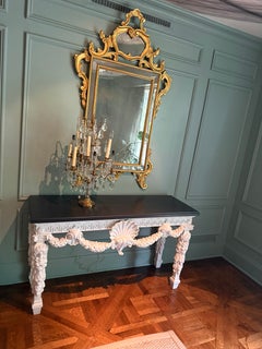 Pair Of Neoclassical Style Carved White Console Table with Black Top Shell Motif