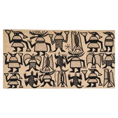 African Style Tribal Folk Art Textile Wall Hanging Black Beige Tapestry Painting