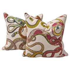 Pair of Designer Snake Print Decorative Throw Pillows in Multicolor Linen
