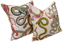 Pair of Designer Snake Print Decorative Throw Pillows in Multicolor Linen