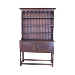 19th Century English Solid Oak Welsh Dresser Hutch Cabinet with Open Shelves