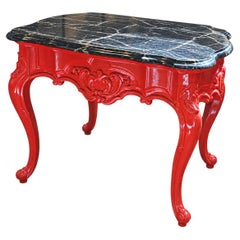 Pair of French Louis XV Style Red Lacquer Side Tables with Black Marble Tops