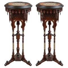 Pair of 19th Century Syrian Mother of Pearl Inlaid Wood Pedestal Side Tables