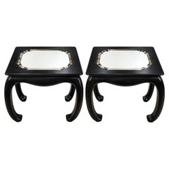 Pair of 20th Century Chinese Chow Leg Black Lacquer End Tables with Glass Tops