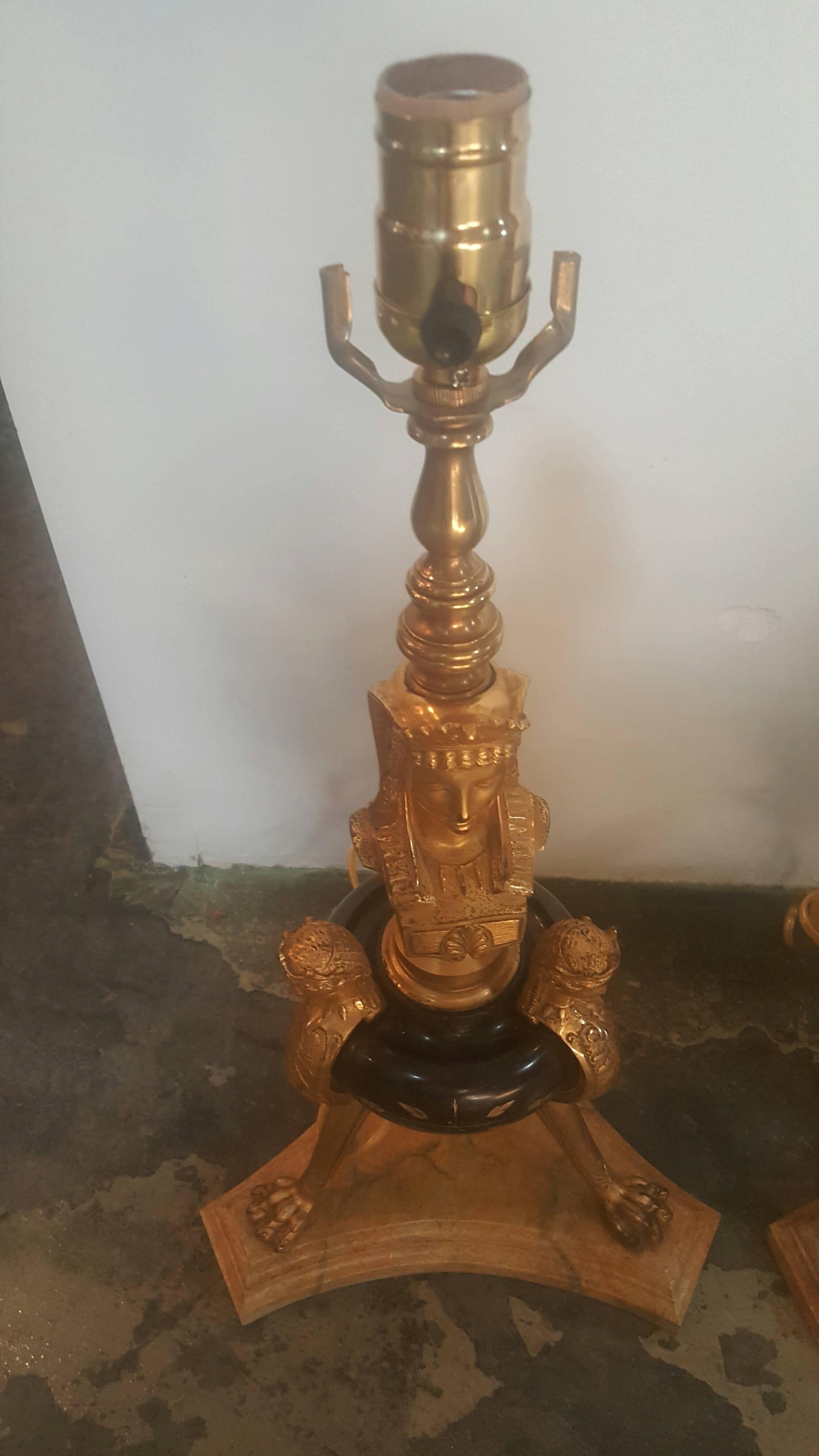 19th Century French Egyptian Revival Doré Bronze and Marble Lamps 1