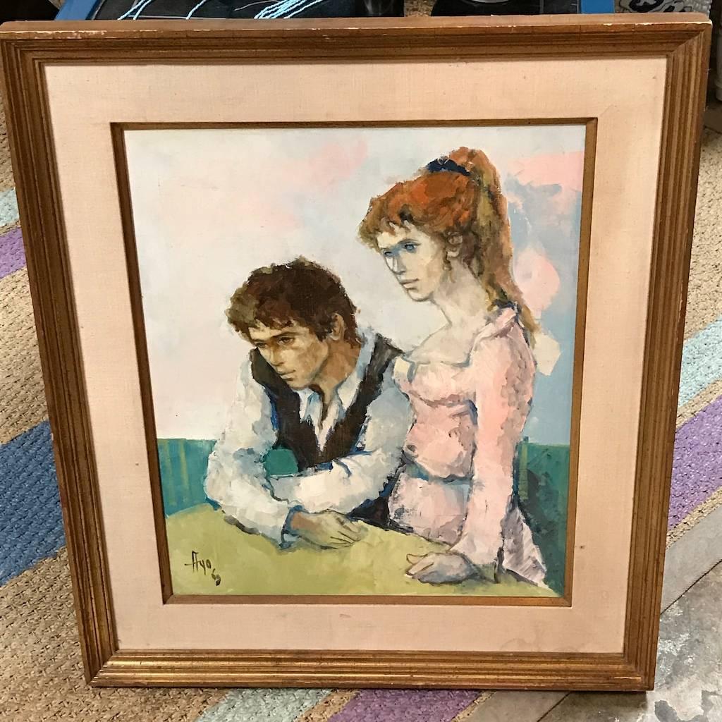Framed, signed 1969 oil painting by Robert Ayo. Ayo was born in 1925 in Cadaillon, France. Studied at Ecole St. Roch; Academie Julien, Ecole des Beaux Arts, Ecole des Arts Decoratives.The first exhibition of Robert Ayo was in France under the
