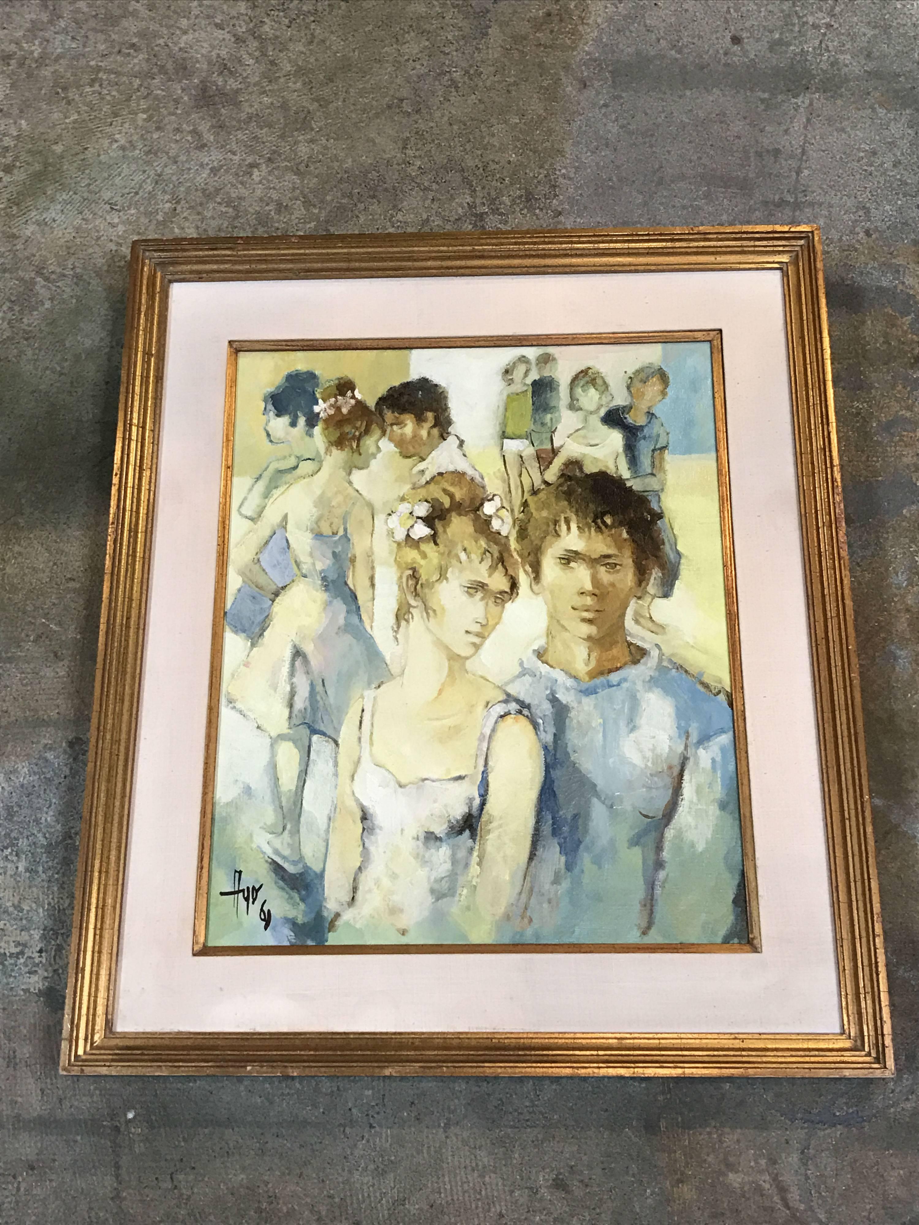 Oil painting of a young couple surrounded by other young couples, painted by Robert Ayo in 1969. Ayo was born in 1925 in Cadaillon, France. Studied at Ecole St. Roch; Academie Julien, Ecole des Beaux Arts, Ecole des Arts Decoratives. The first