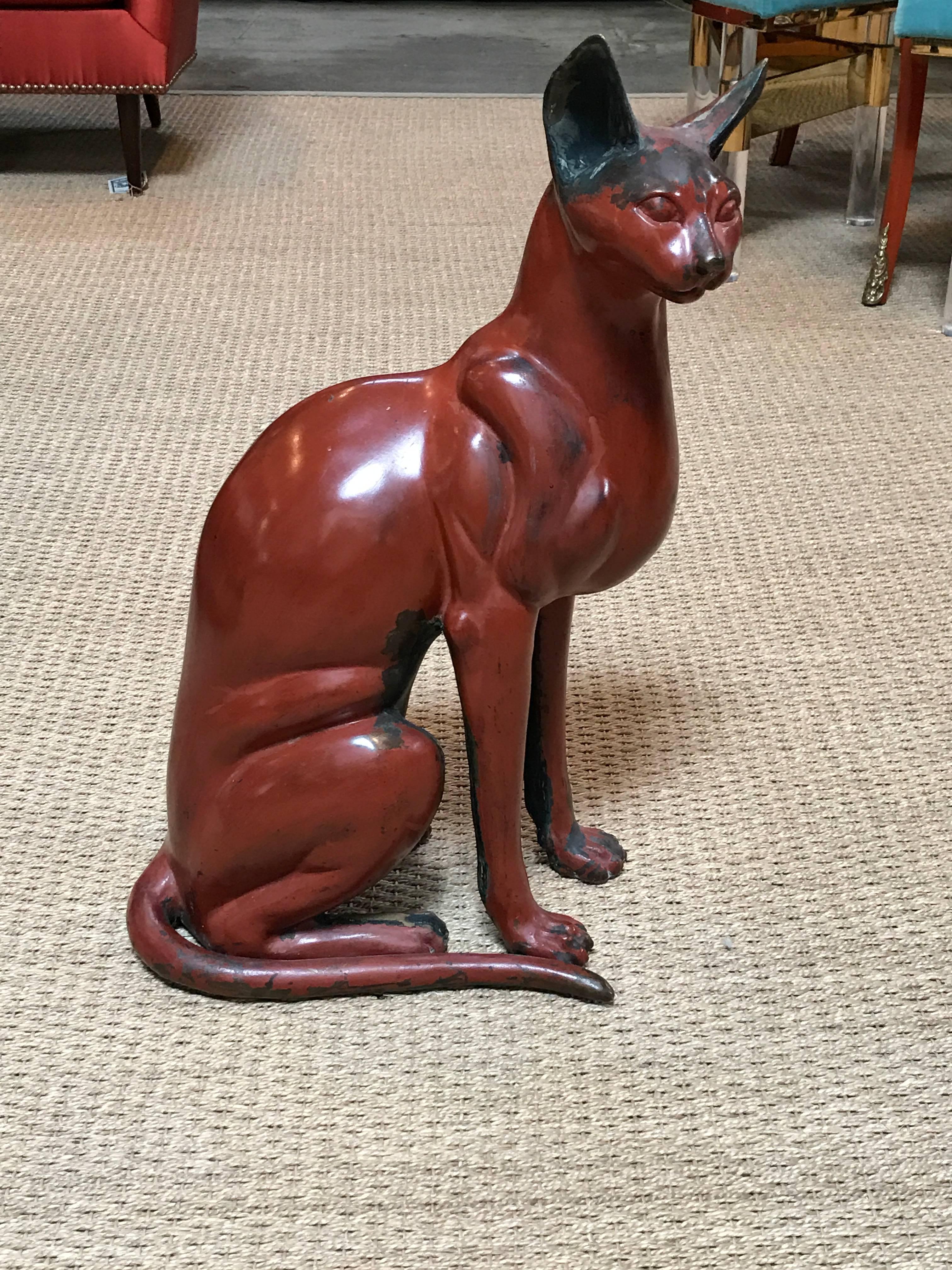 French Art Deco bronze cat sculpture. Lacquer red finish.