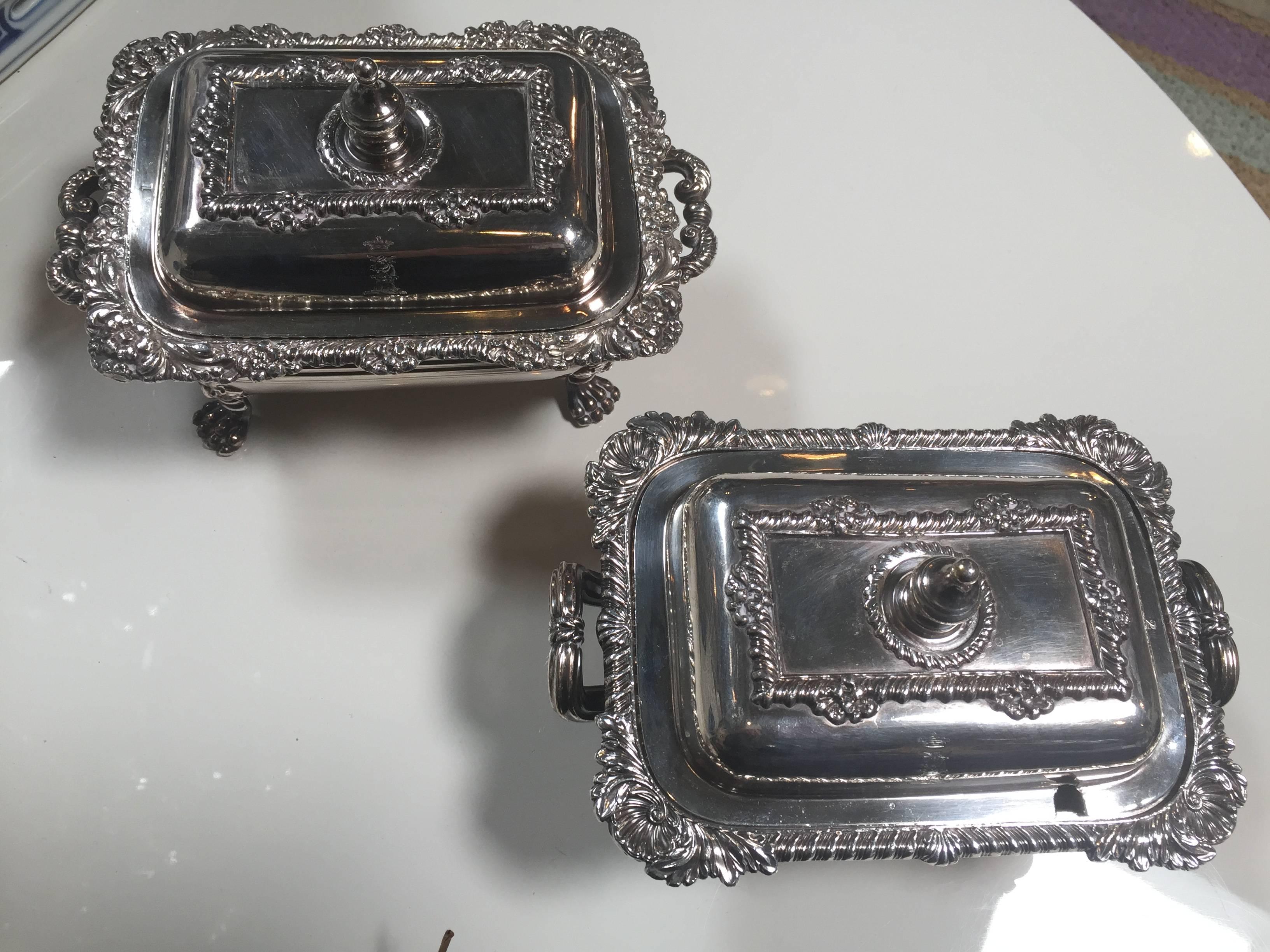 Georgian style pair of 19th century sterling silver serving pieces.
Covered dishes for tabletop use or to display on important bookshelves
Each piece is engraved on lid as #1 and #2.