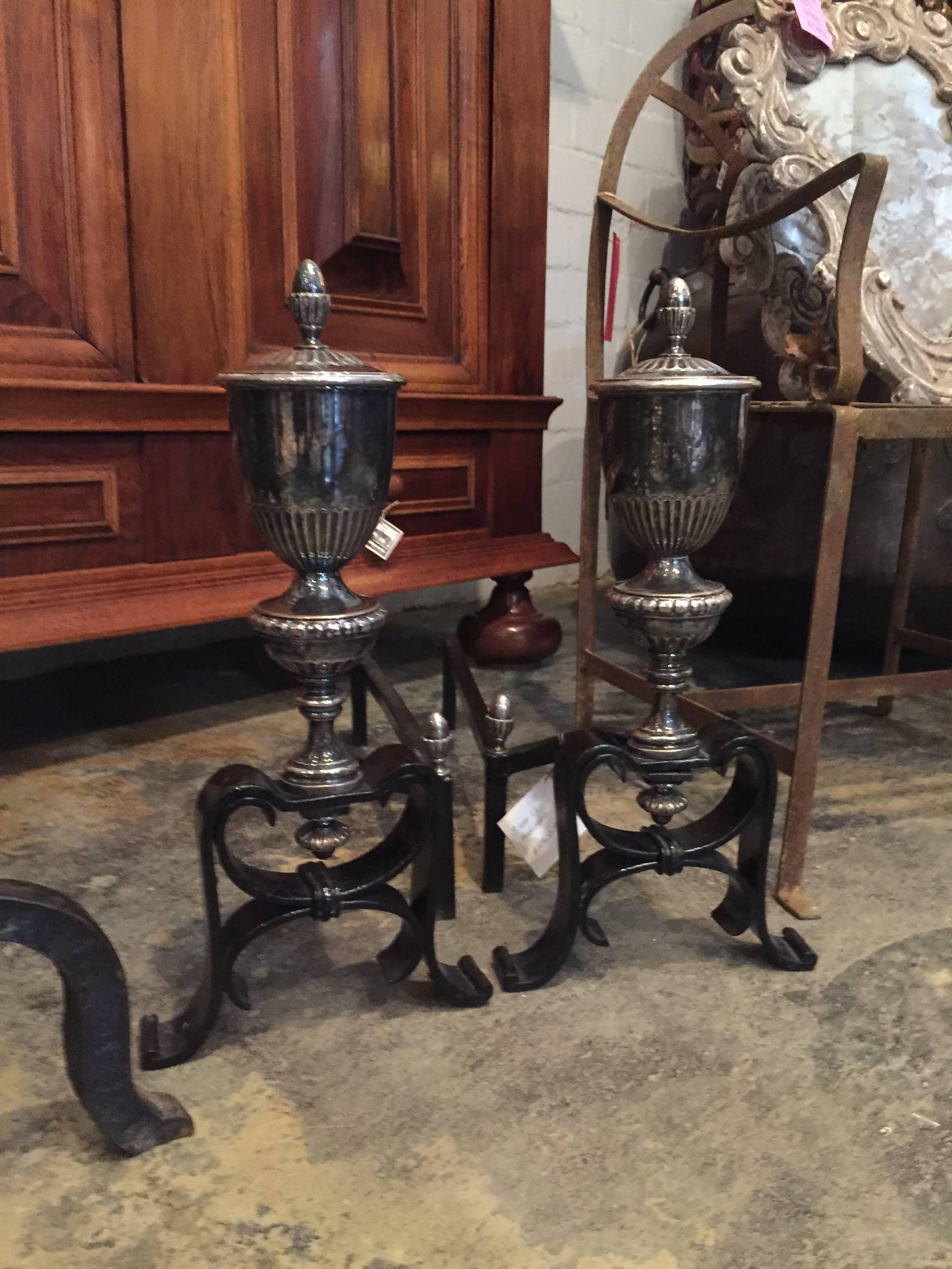 Silver Urn Andirons In Good Condition For Sale In Dallas, TX