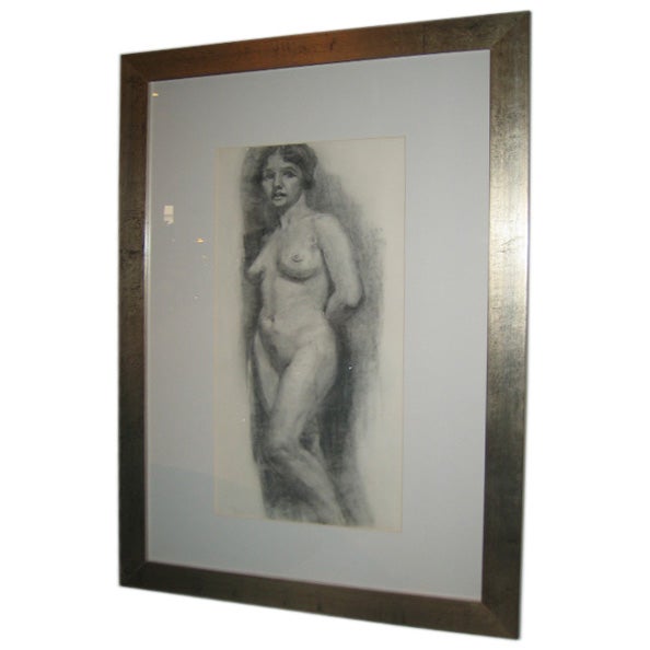 1930s Artist's Portfolio Charcoal Drawing of a Standing Nude Female For Sale
