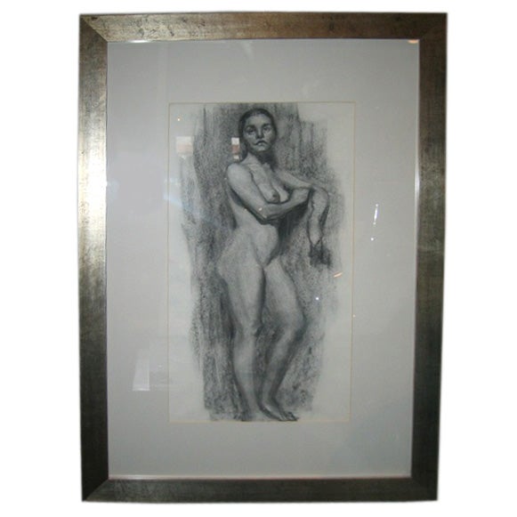 Dessin au fusain d'un artiste représentant une femme nue debout, portfolio des années 1930 en vente