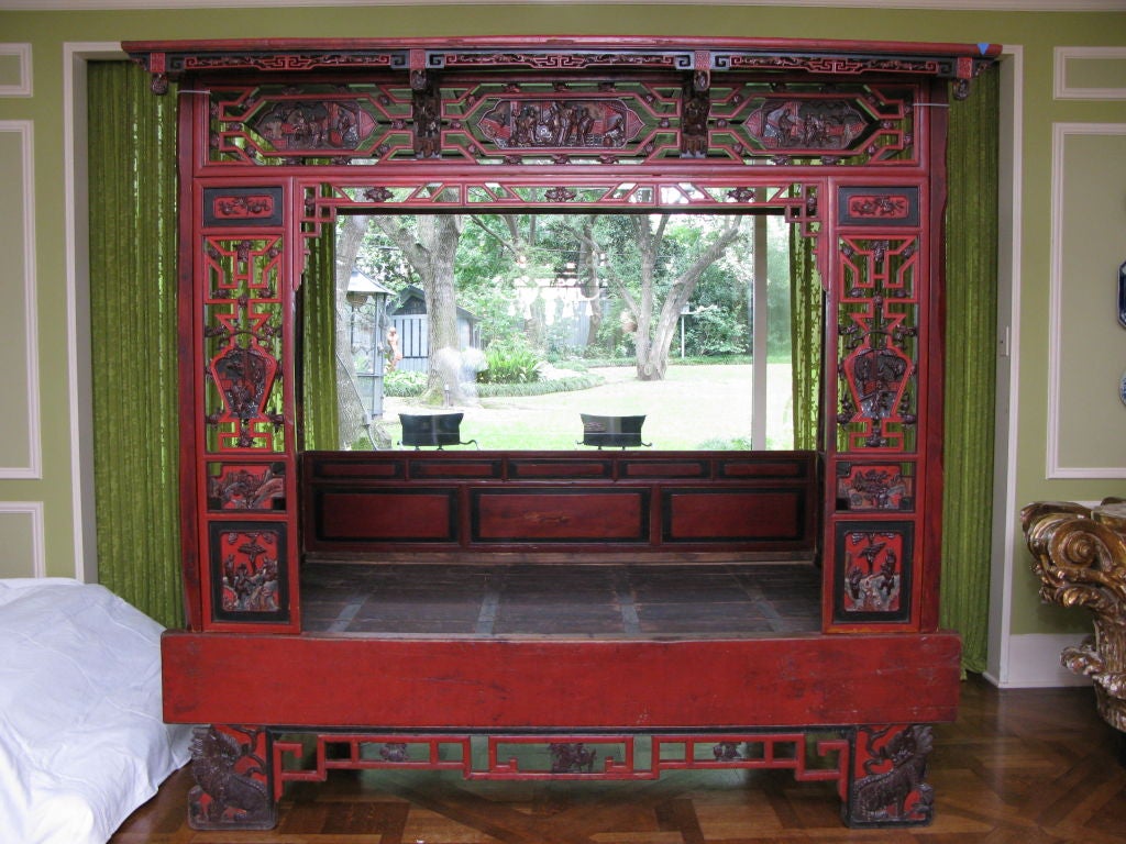 Chinese wedding bed in red lacquer and hand cards details. Has a new mattress (not shown).