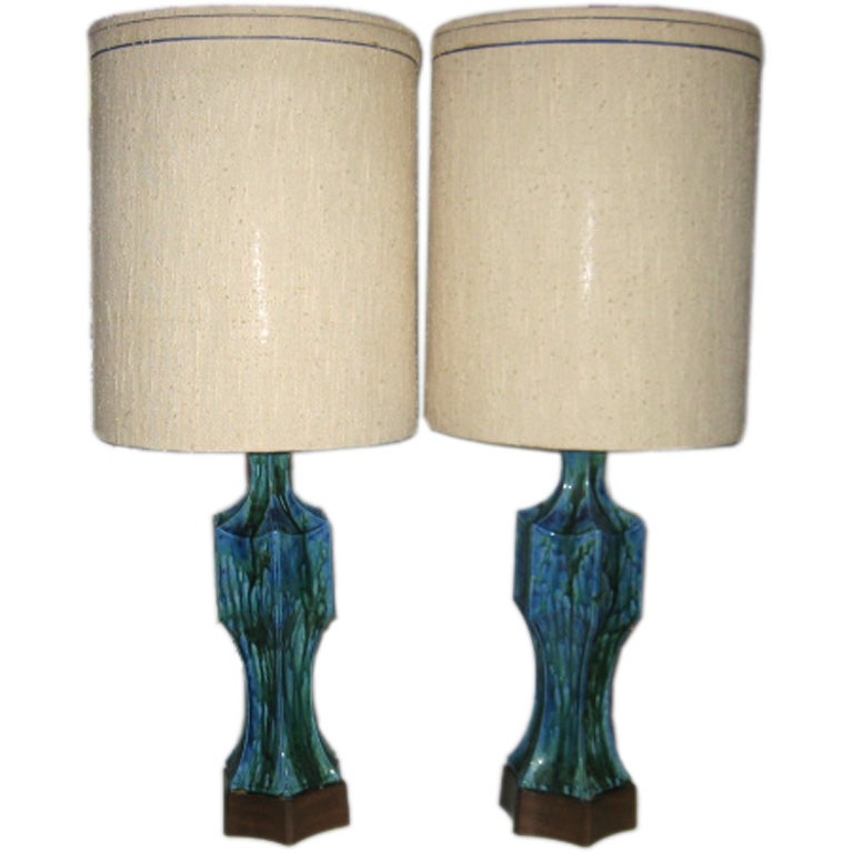 Pair of Midcentury Ceramic Lamps with Original Shades For Sale
