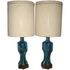 Vintage Pair of Midcentury Ceramic Lamps with Original Shades
