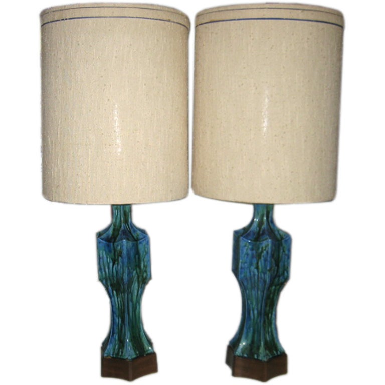 Pair of Midcentury Ceramic Lamps with Original Shades For Sale at 1stDibs