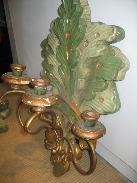 Wood 19th Century Italian Wall Sconces in Polychrome and Gilt Finish For Sale