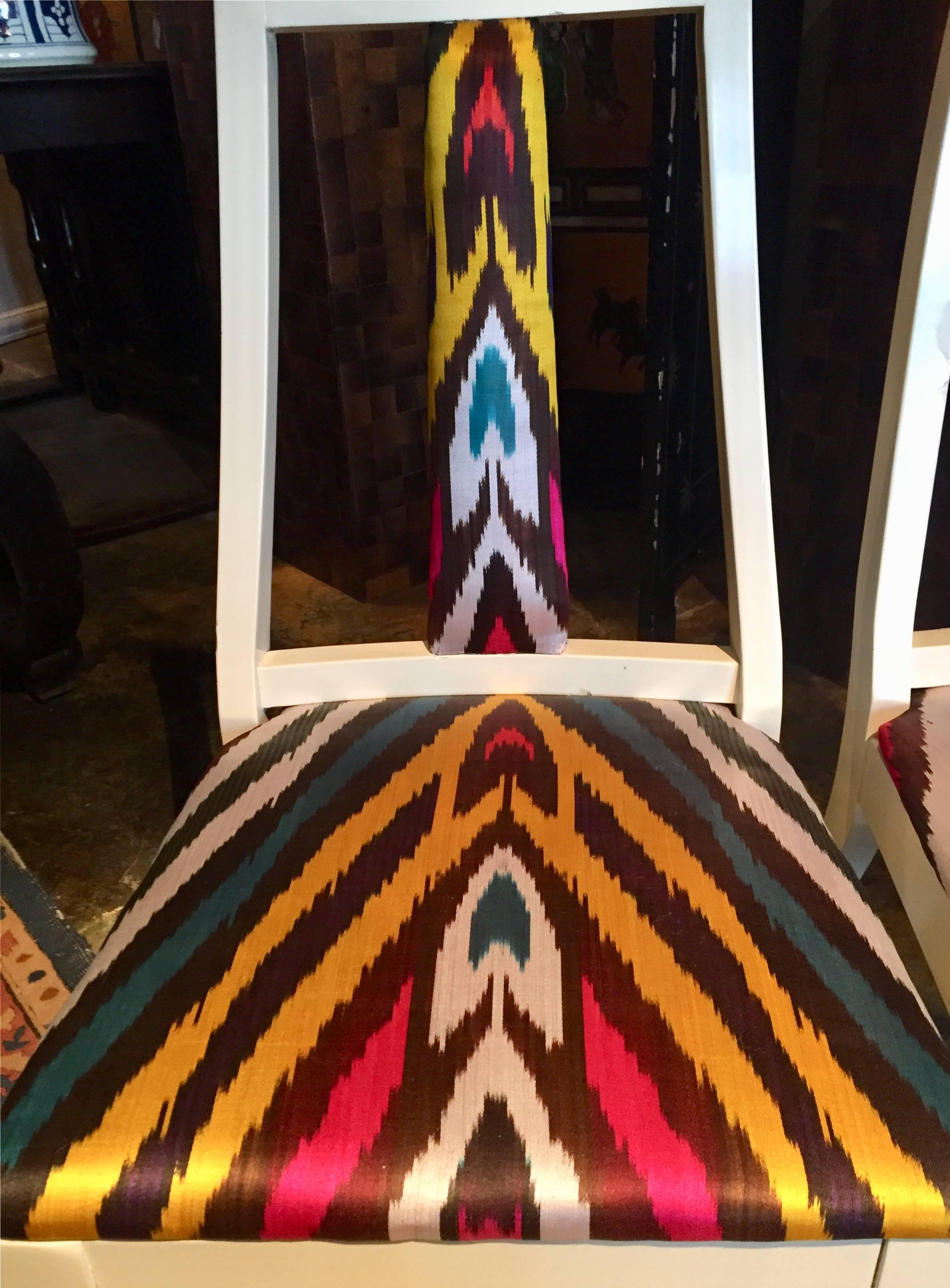 Pair of silk Ikat slipper chairs, white lacquer.