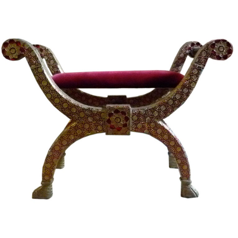 Indian Carved Bench with Velvet Seat