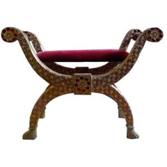 Indian Carved Bench with Velvet Seat