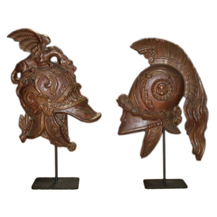 Early 19th c. French Carved Helmets, Pair For Sale