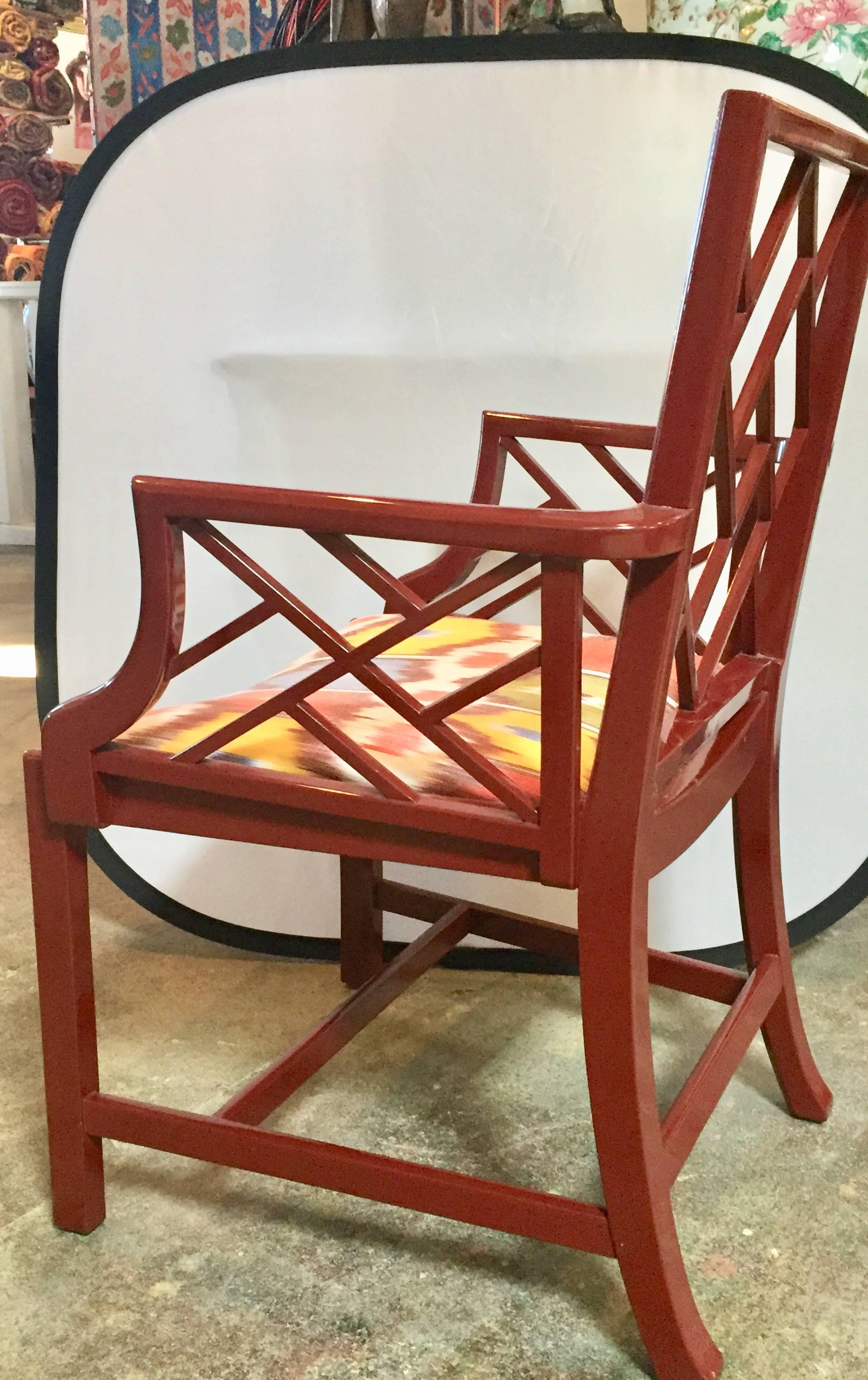 Chinese Chippendale chair with hand-loomed silk Ikat seat, lacquered in cinnabar.