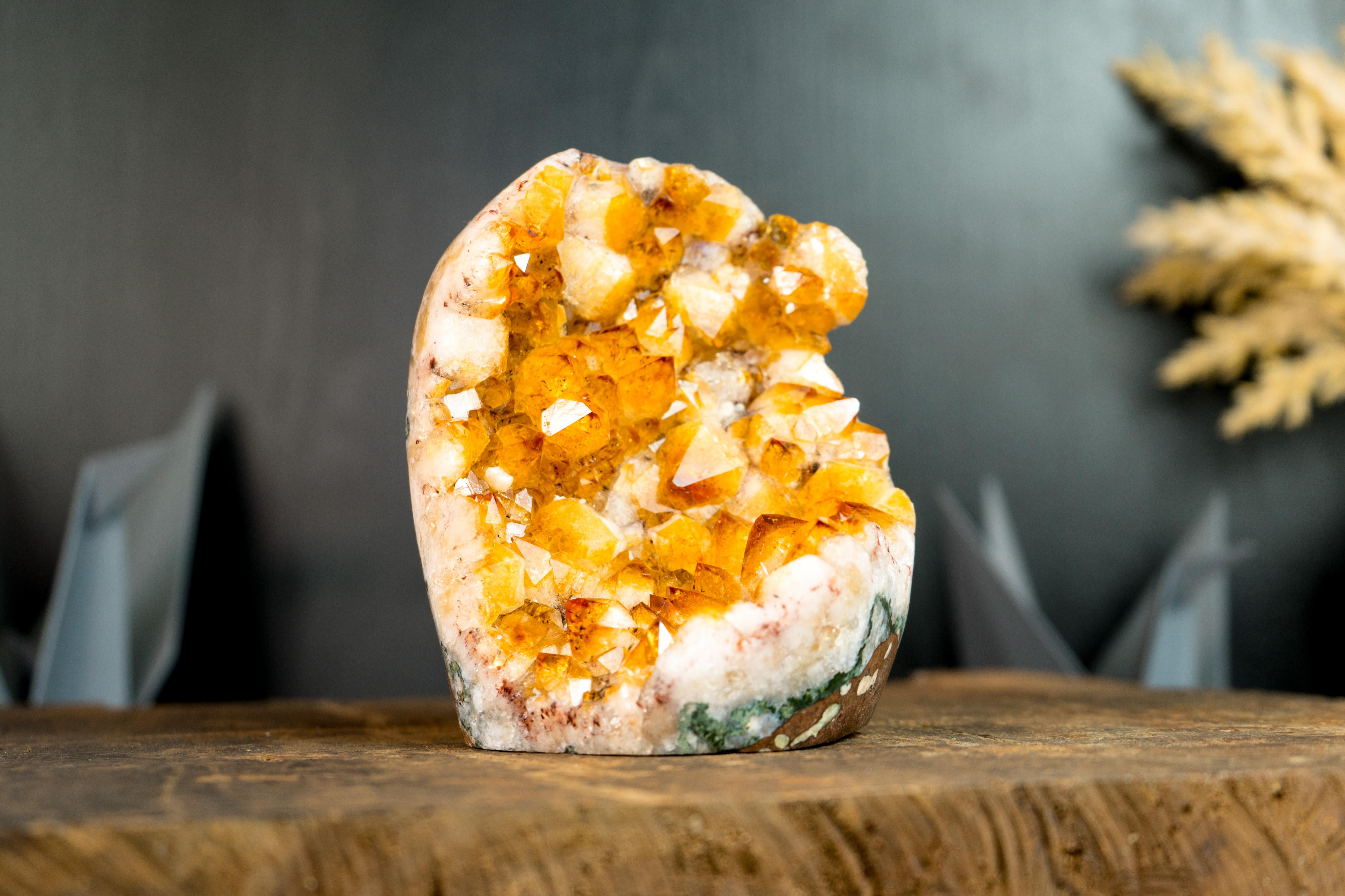 Contemporary Small High-Grade Citrine Cluster with Flower Formations and Orange Citrine Druzy For Sale