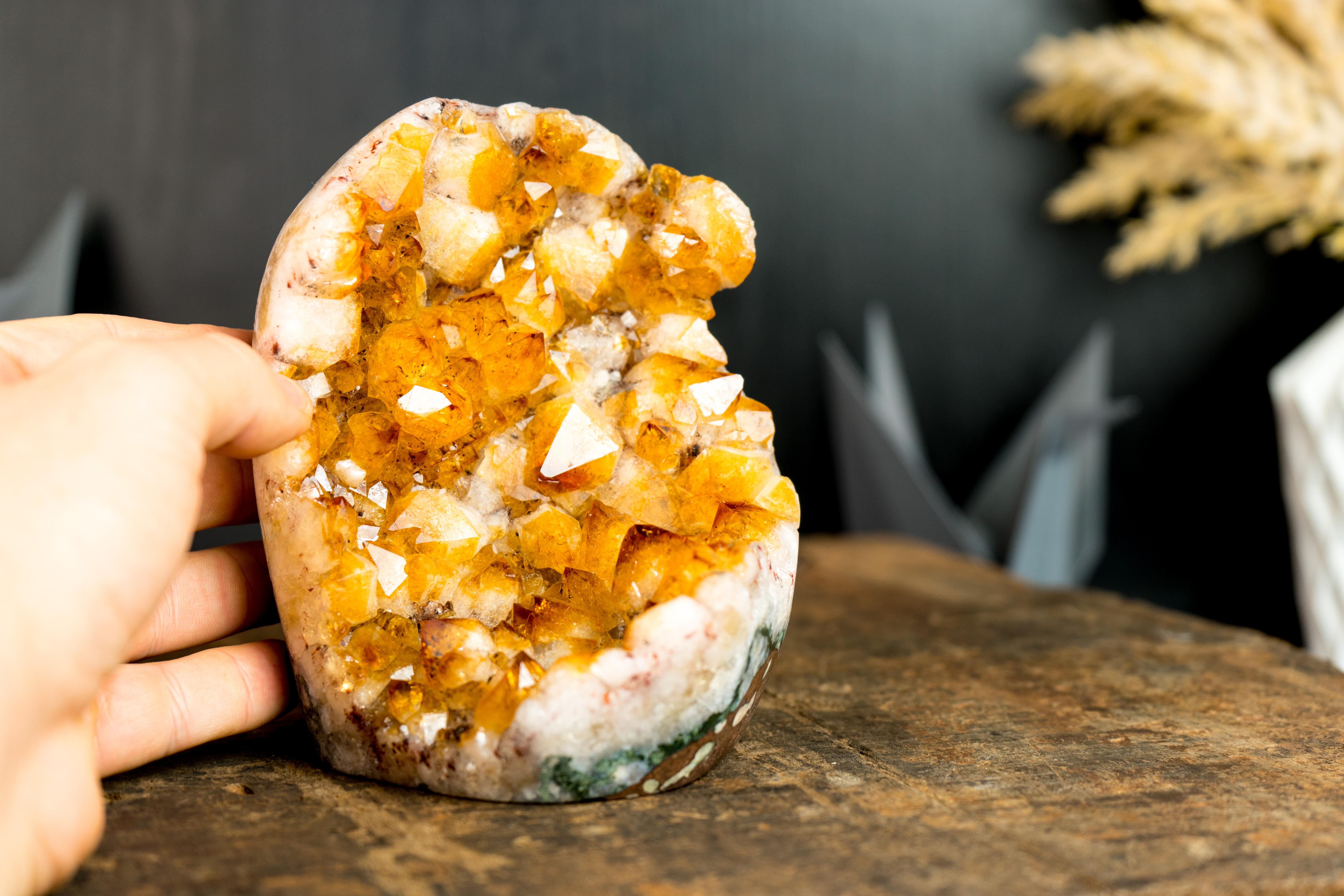 Agate Small High-Grade Citrine Cluster with Flower Formations and Orange Citrine Druzy For Sale