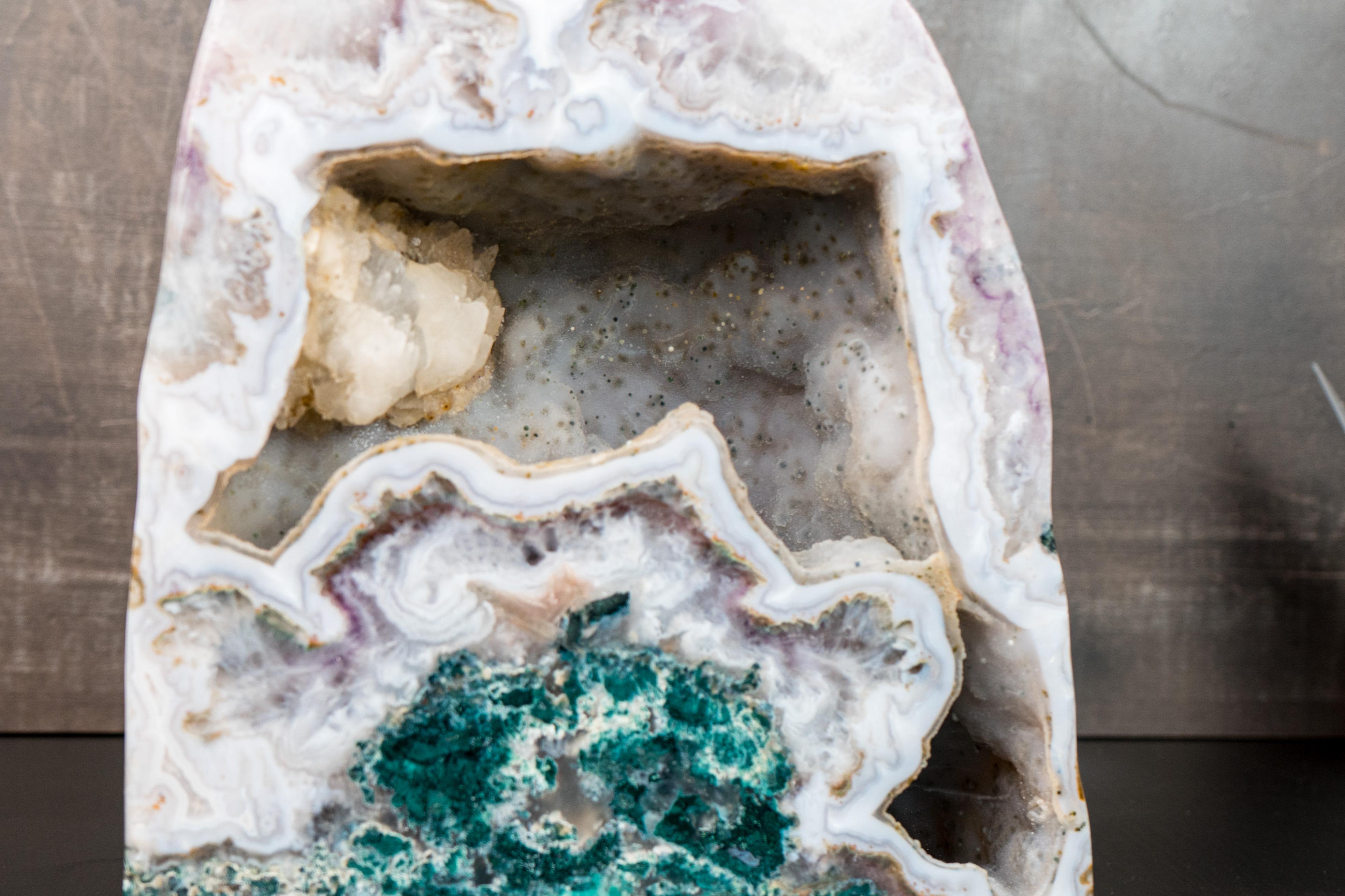 Rare White Agate with Crystal and Green Jasper Geode For Sale 2