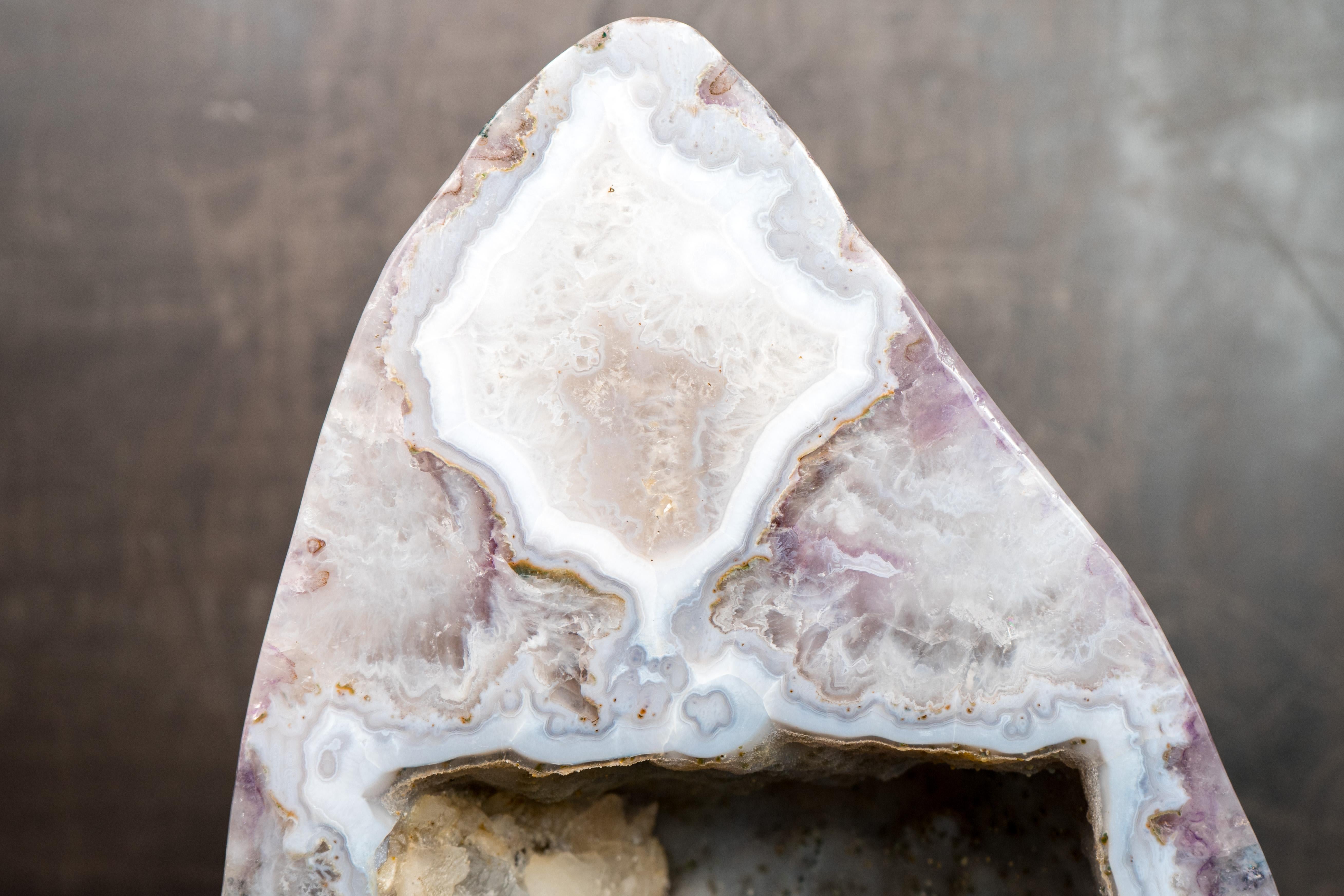 Contemporary Rare White Agate with Crystal and Green Jasper Geode For Sale