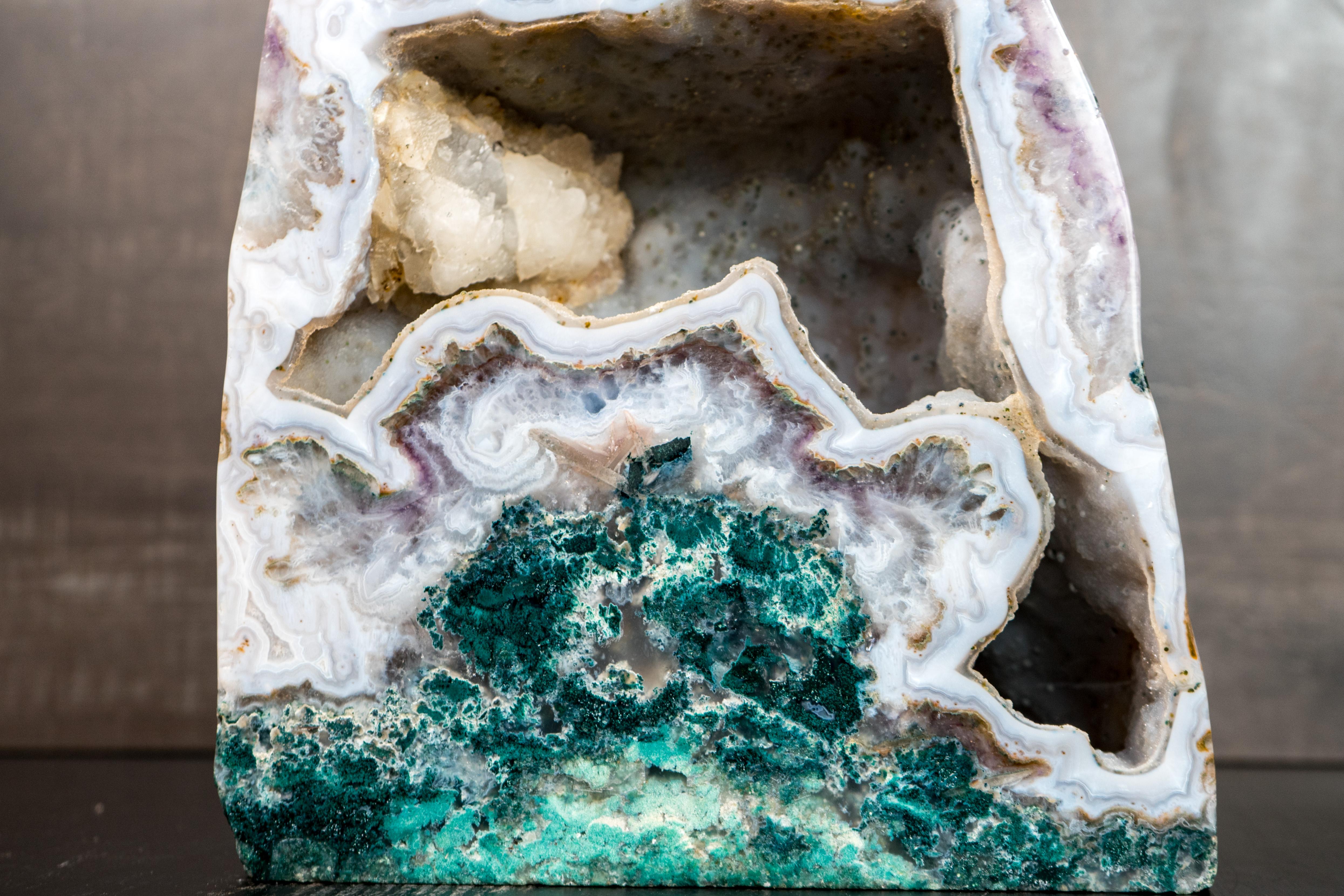 Brazilian Rare White Agate with Crystal and Green Jasper Geode For Sale