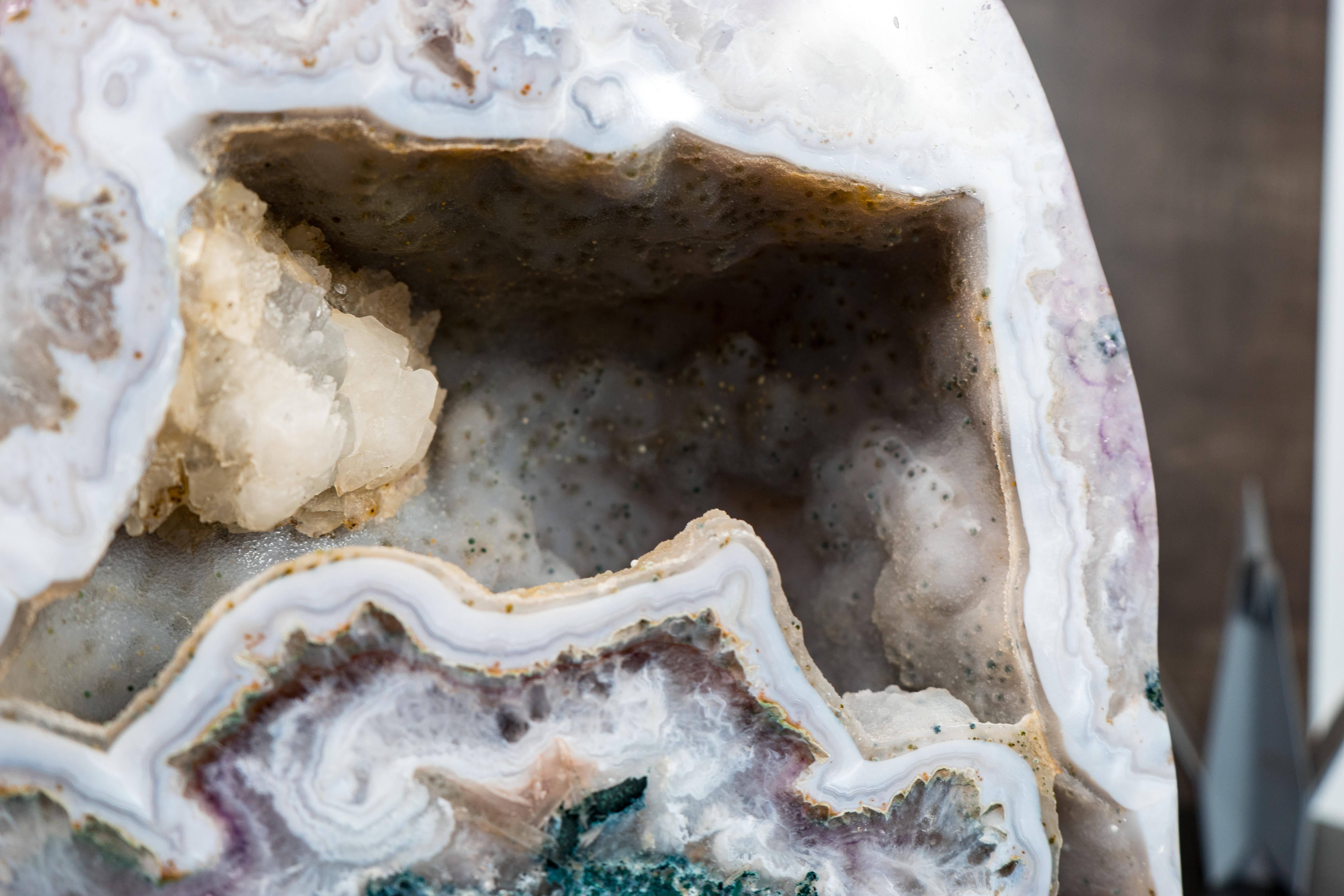 Rare White Agate with Crystal and Green Jasper Geode For Sale 1
