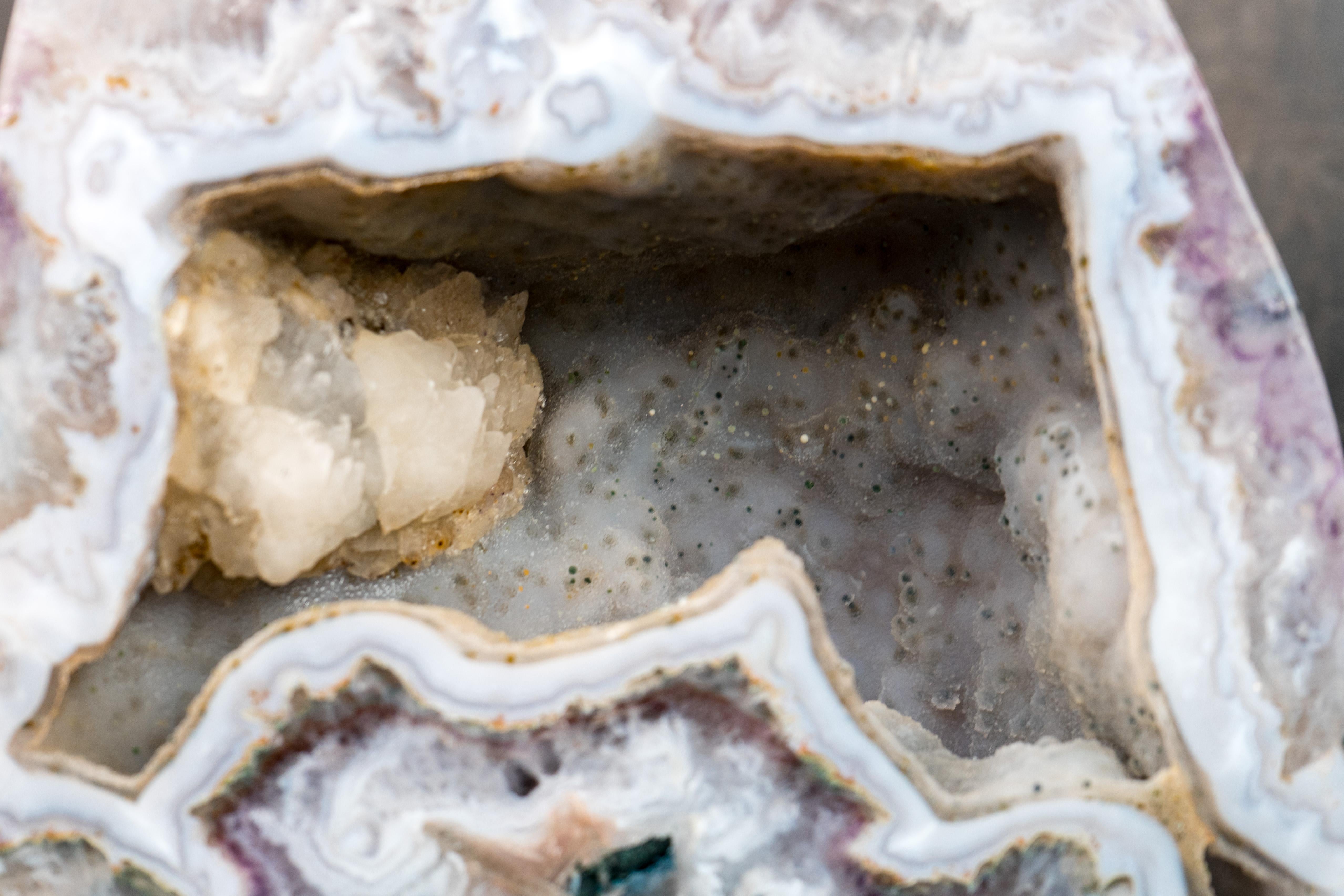 Rare White Agate with Crystal and Green Jasper Geode For Sale 3