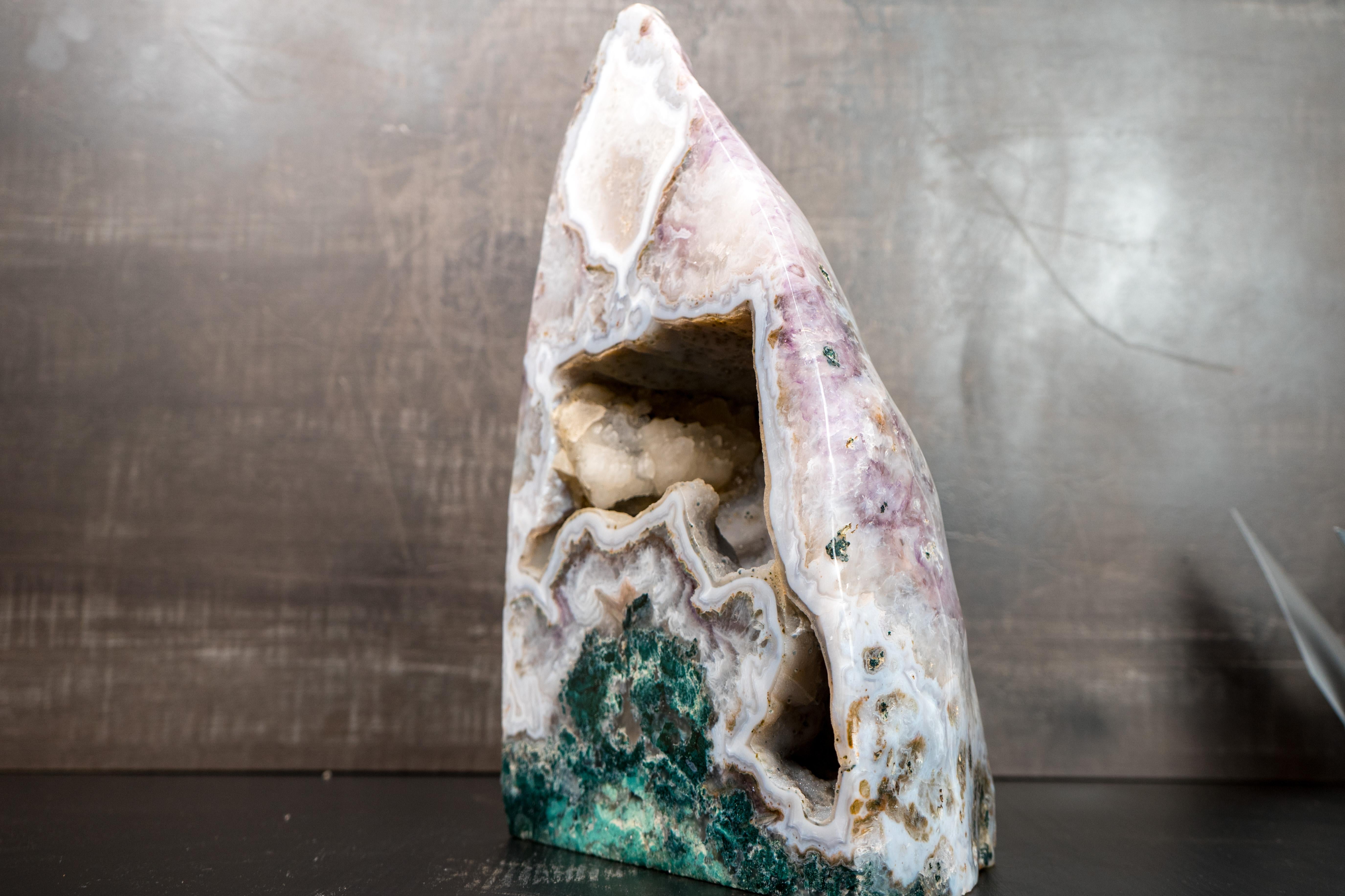 Rare White Agate with Crystal and Green Jasper Geode For Sale 5