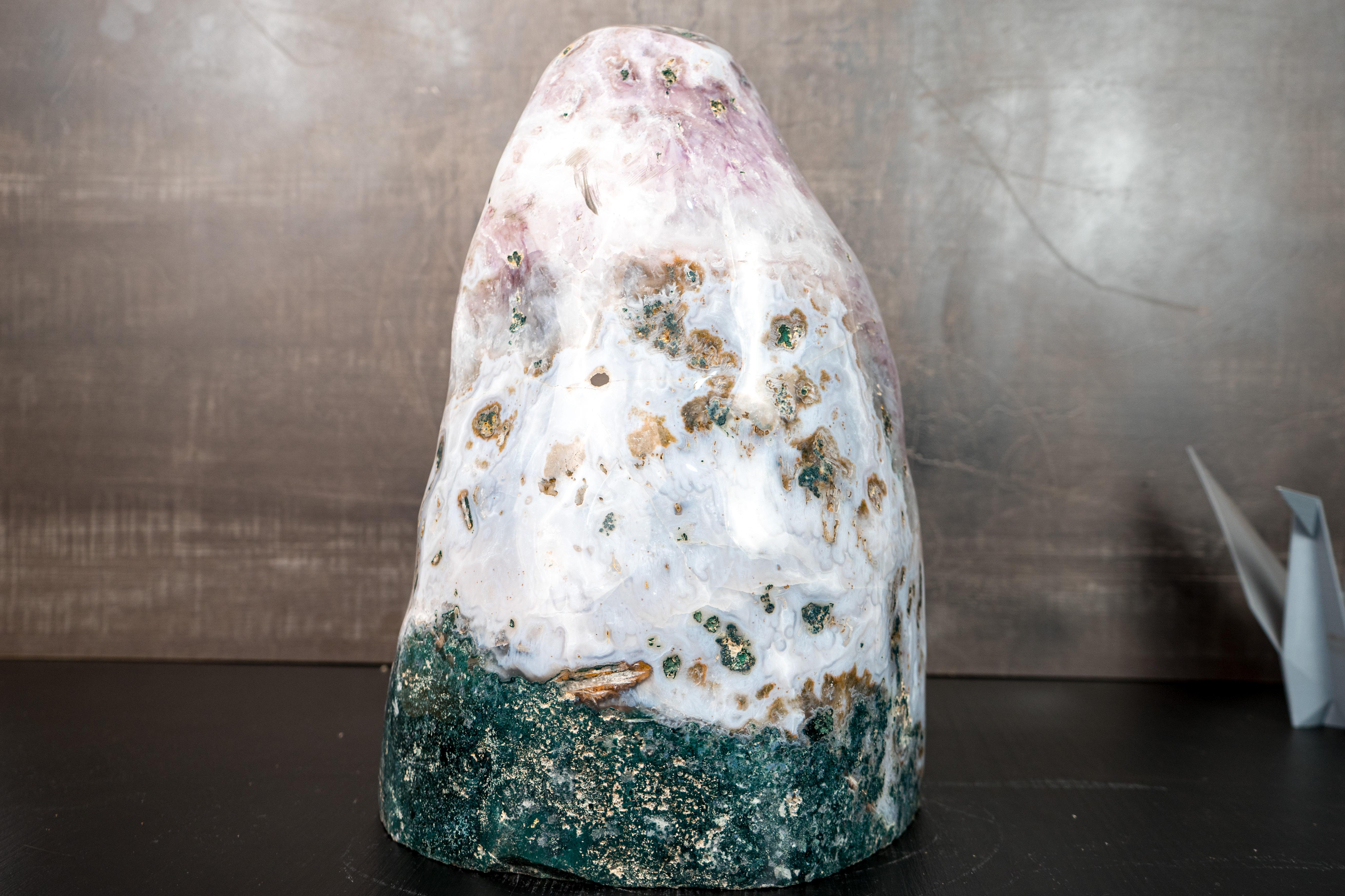 Brazilian Rare White Agate Geode with Crystal and Green Jasper For Sale