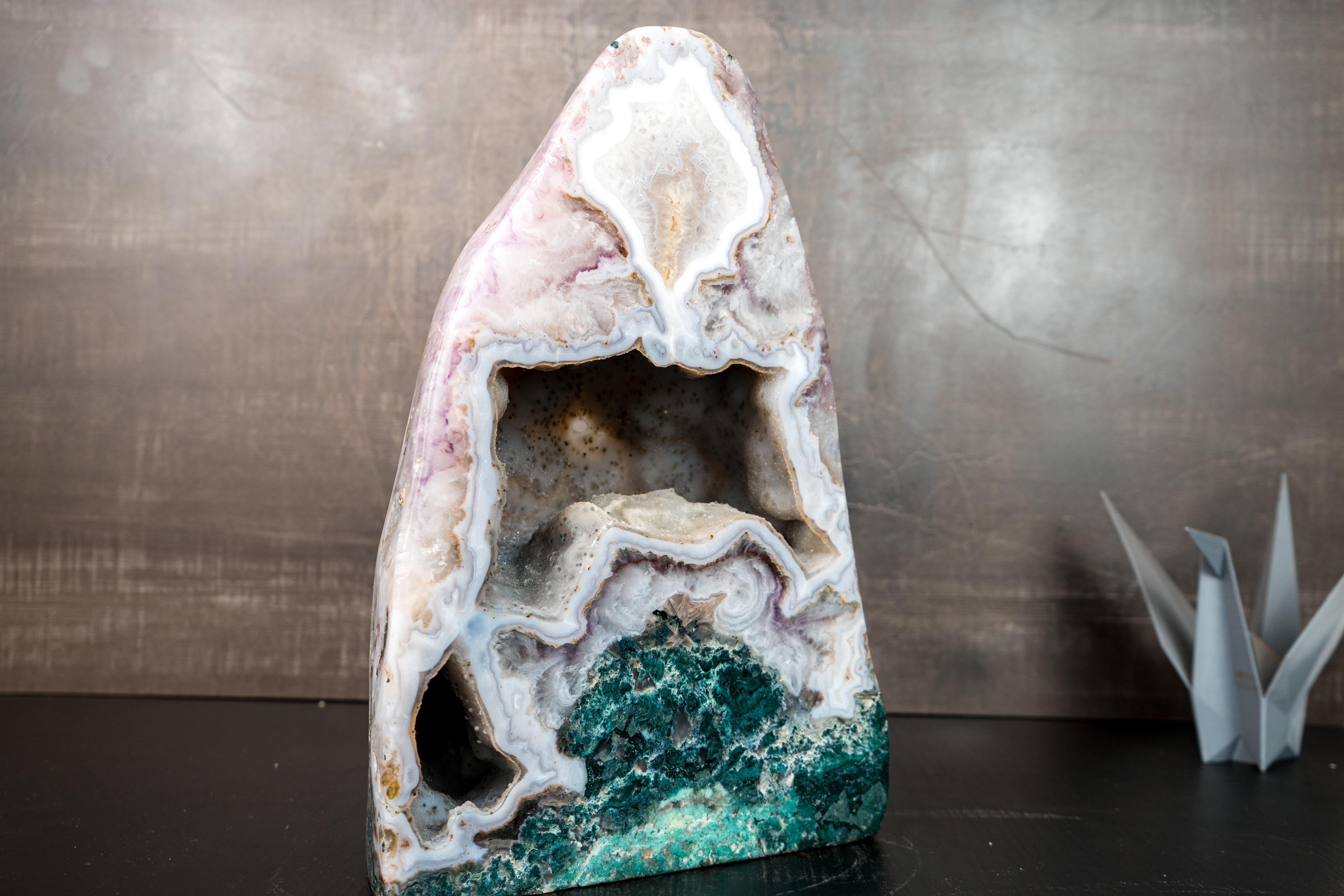 Rare White Agate Geode with Crystal and Green Jasper For Sale 2