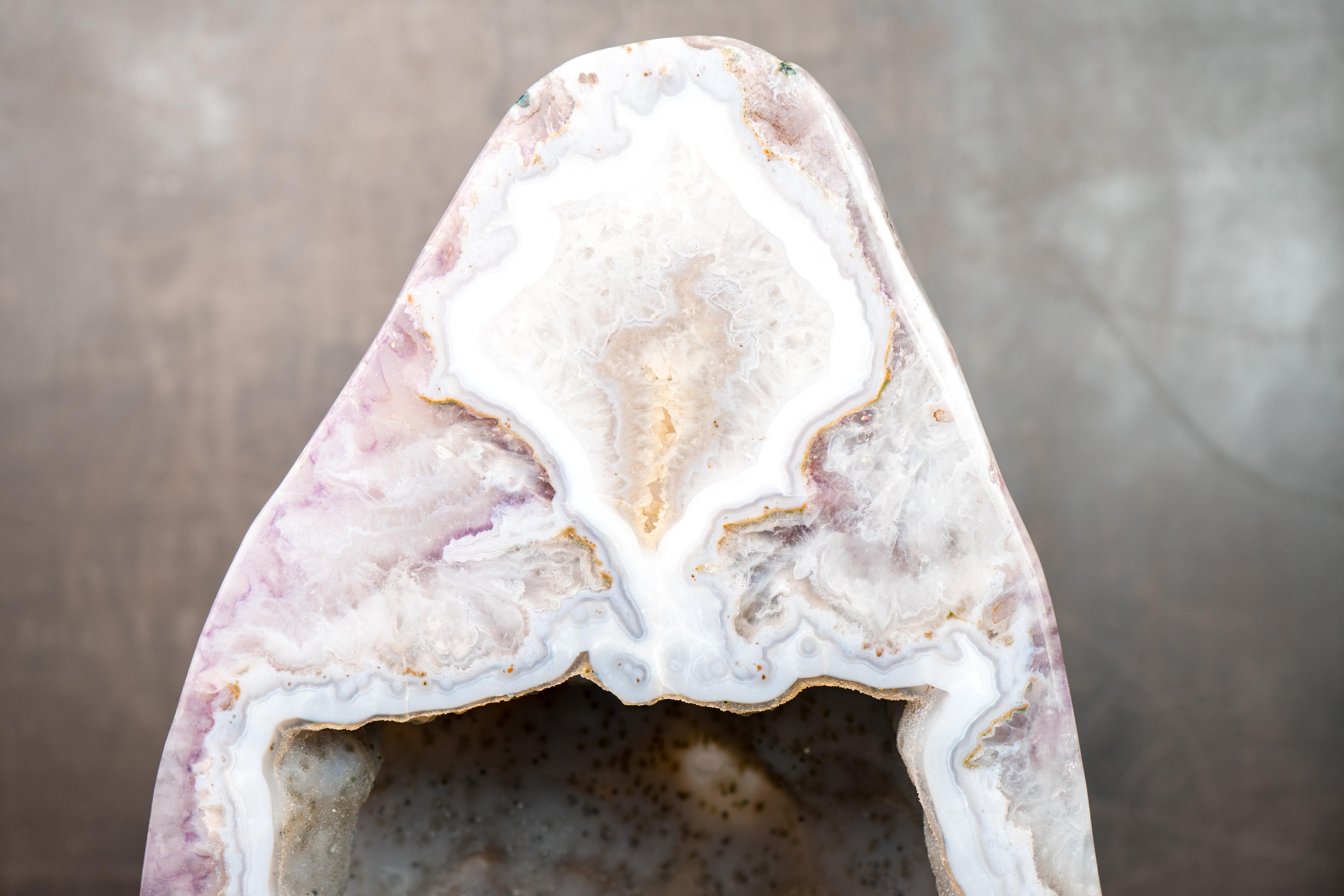 Contemporary Rare White Agate Geode with Crystal and Green Jasper For Sale