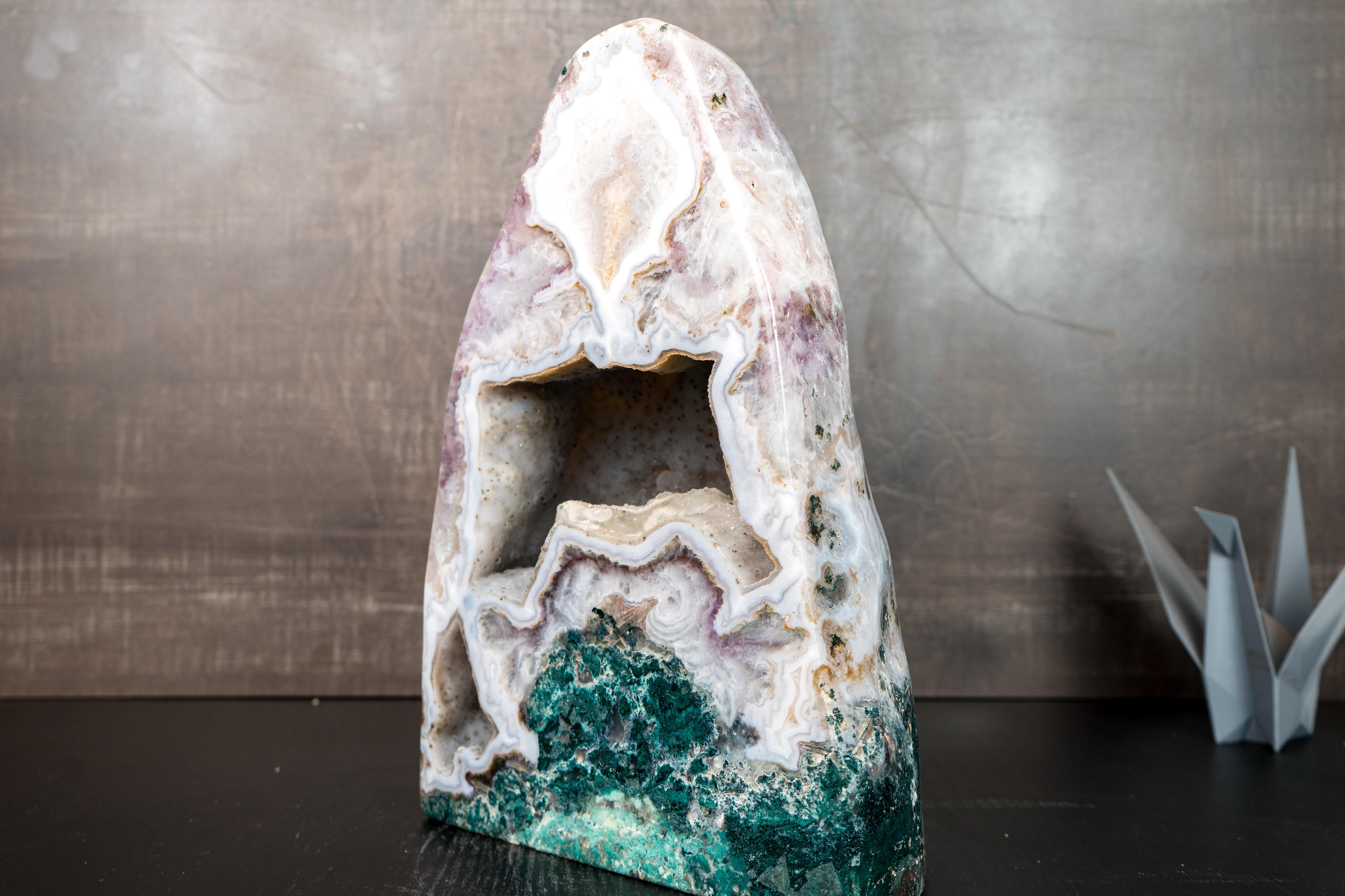 Rare White Agate Geode with Crystal and Green Jasper For Sale 1