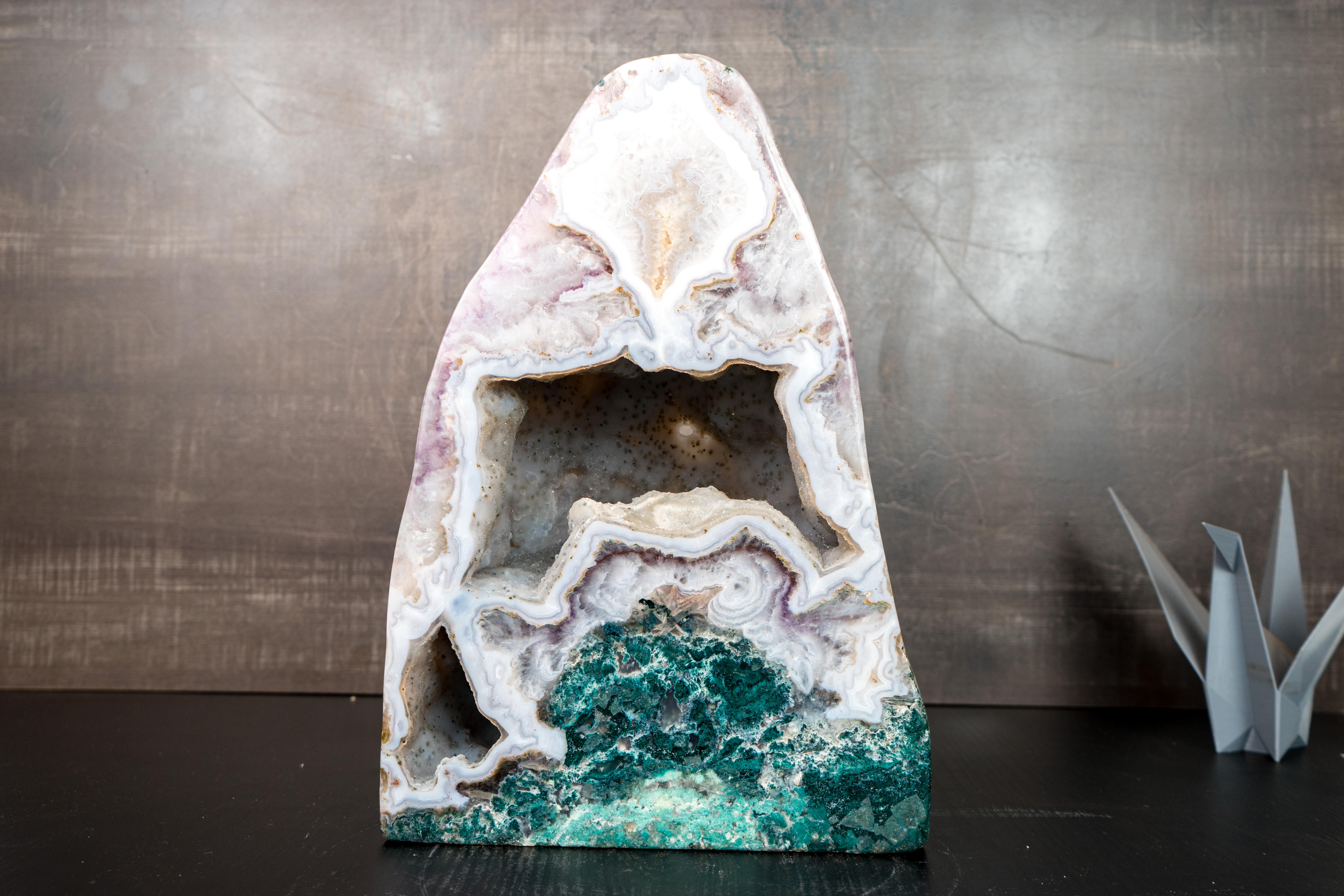 Rare White Agate Geode with Crystal and Green Jasper For Sale 3