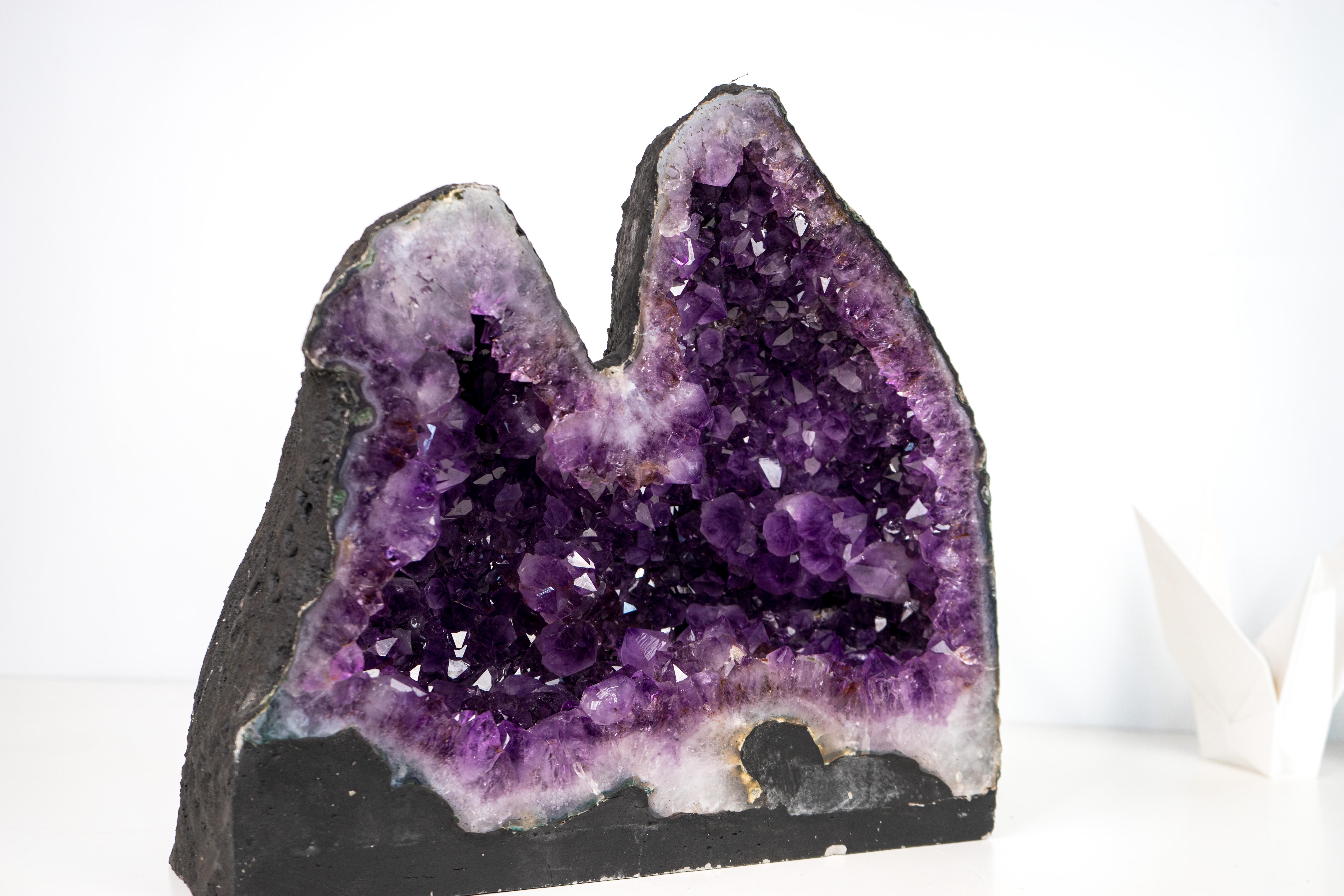 Brazilian Twin Amethyst Geode Cave with Large, Deep Purple Druzy Crystals For Sale