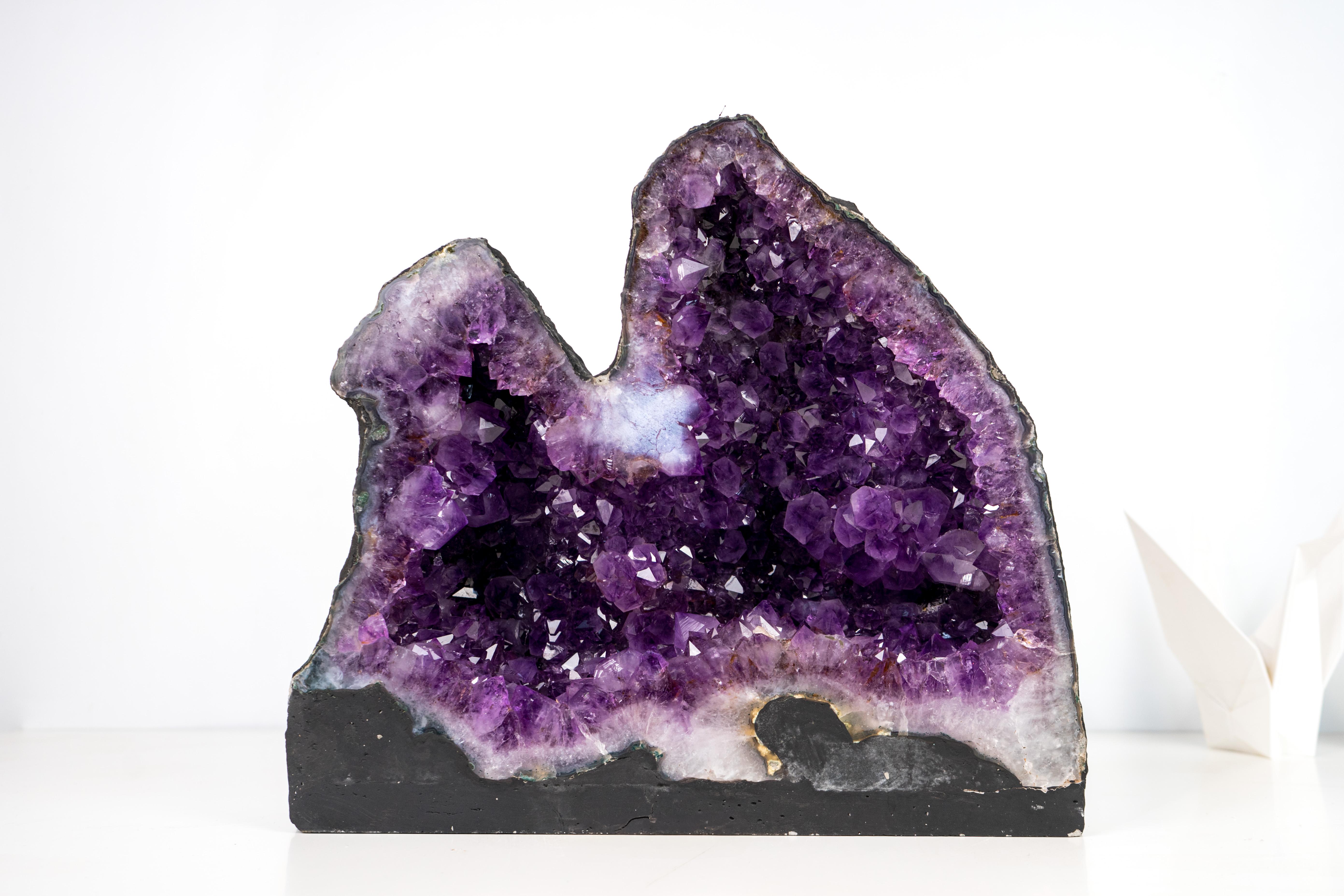 Twin Amethyst Geode Cave with Large, Deep Purple Druzy Crystals For Sale 1